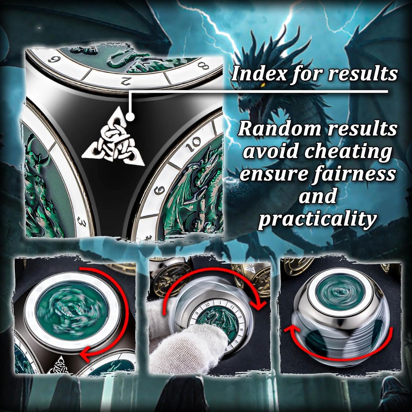 7 in 1 D6 Spinner DND Dice Set D&D, Metal Cube D and D Dice with Gift Box, Dungeons Dragons Role Playing Dice, Black Green