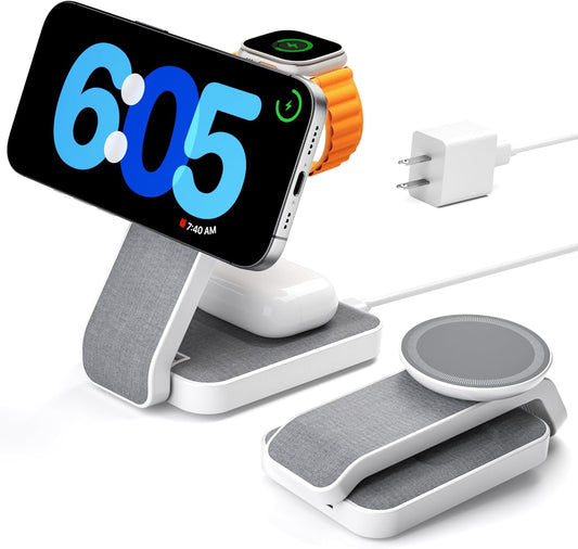 3 in 1 Foldable Wireless Travel Charging Station for MagSafe, Nightstand Magnetic Charger Stand for iPhone 16 15 14 13 Pro Max, Mag-Safe Charging Dock with Night Light for Apple Watch/AirPods