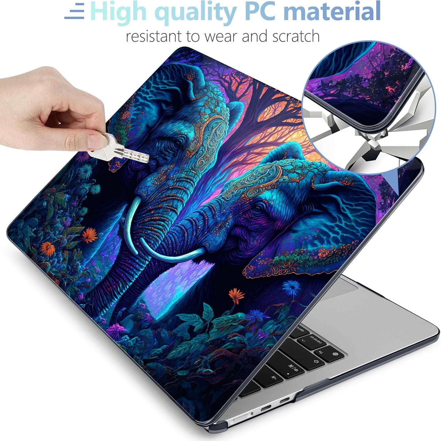 MEEgoodo Portable Electronic Device Cover for MacBook Air M3 M2 15.3 inch 2023-2024, Hard Case with Keyboard & Webcam Cover, Screen Protector, OTG Adapter, Elephants