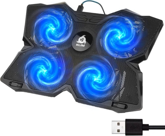 KLIM Wind Laptop Cooling Pad - More Than 500 000 Units Sold - New Version - The Most Powerful Rapid Action Cooling Fan - Laptop Stand with 4 Cooling Fans at 1200 RPM - USB Fan - PS5 PS4 - Blue