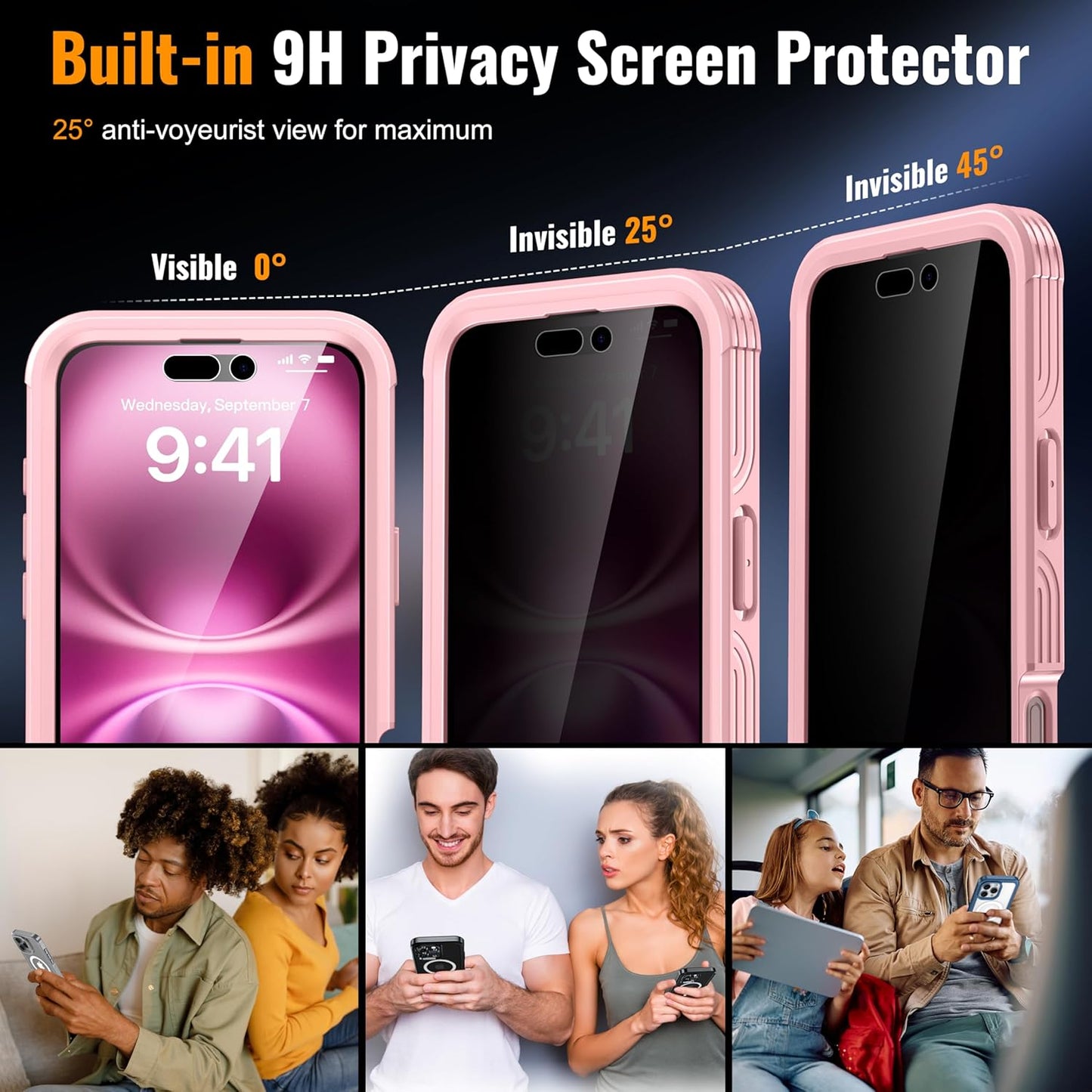 360° Protection Magnetic for iPhone 16 Case Built-in 9H Privacy Screen Protector & Metal Stand[Fit for Magsafe][Anti-Spy][Lens Protector] Heavy Duty Shockproof Phone Case for iPhone 16(Pink)