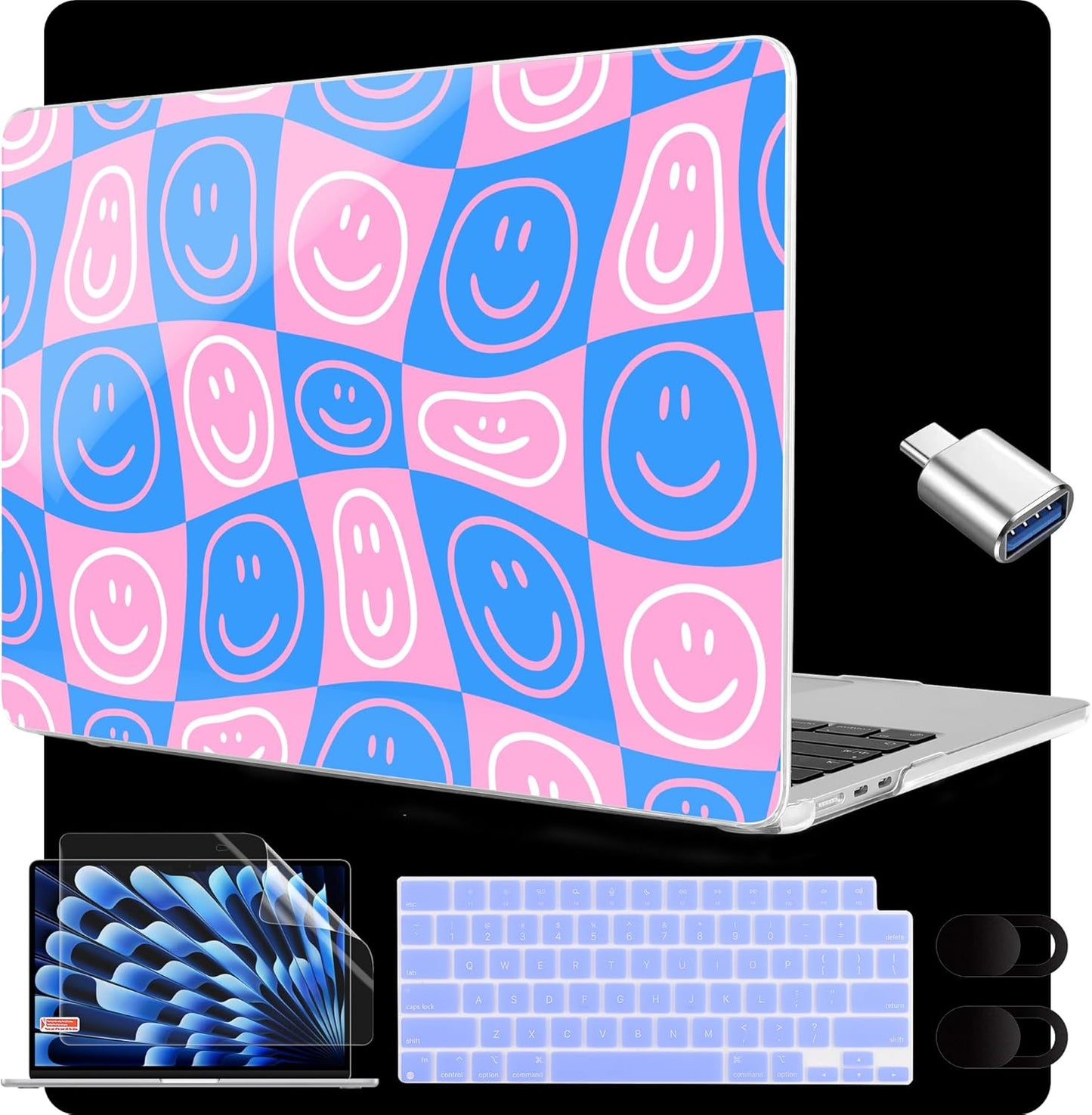 MEEgoodo for M4/M3/M2 MacBook Air 15.3 inch Case 2025 2024 2023, Case Fit Model (A3241/A3114/A2941) for MacBook Air 15 inch, Laptop Hard Shell with Keyboard Cover, Smiling Faces & Checkered