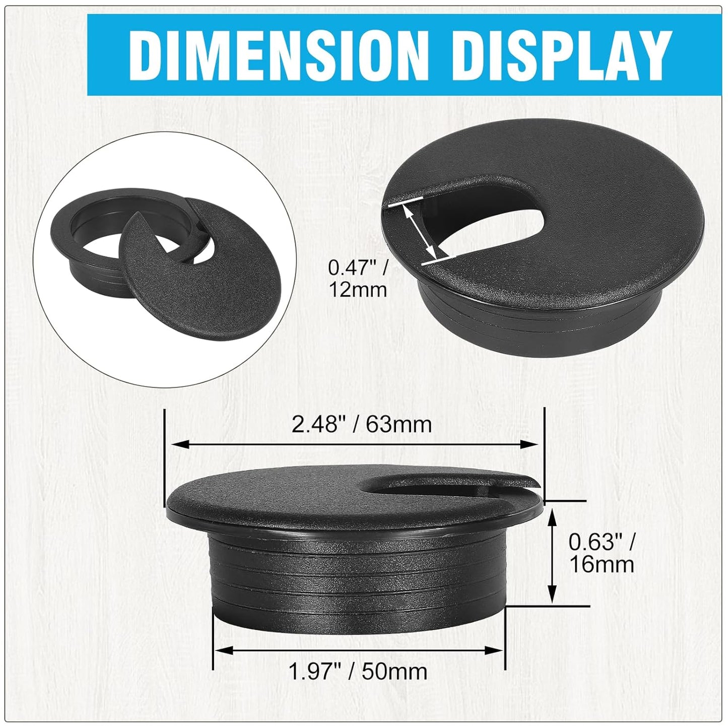 2" Black Desk Grommet, JTemgle Plastic Cable Hole Cover Computer Table Cord Wire Organizer Caps Desktop Cord Management for Home Office TV Stands Tabletops, 10 Pieces