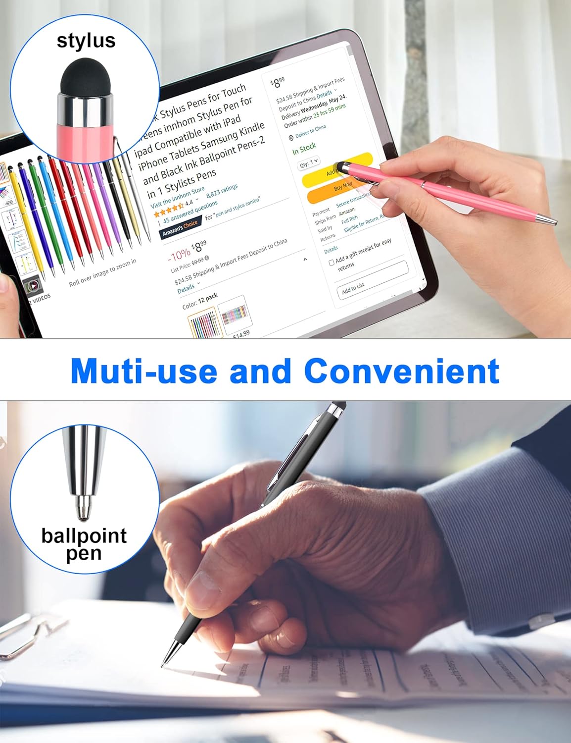 24 Pack Stylus Pens for Touch Screens innhom Stylus Pen for ipad iPhone Tablets Samsung and Black Ink Ballpoint Pens-2 in 1 Stylists Pens