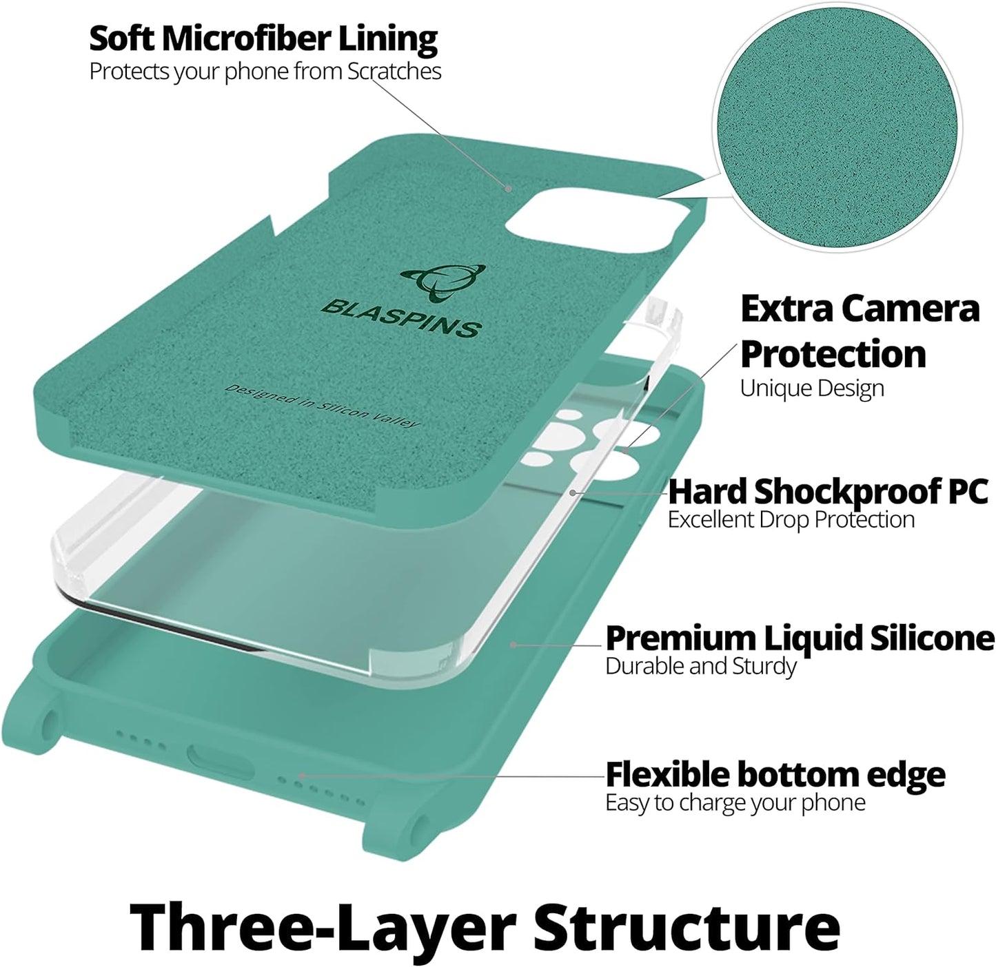 Blaspins Crossbody Lanyard Strap Case for iPhone 13 Pro, Neck Cross Body, Adjustable Holder Removable, Drop Protection Shockproof, Hands-Free Silicone Case 6.1 inch,150 cm Strap, iP13Pro- Pine Green
