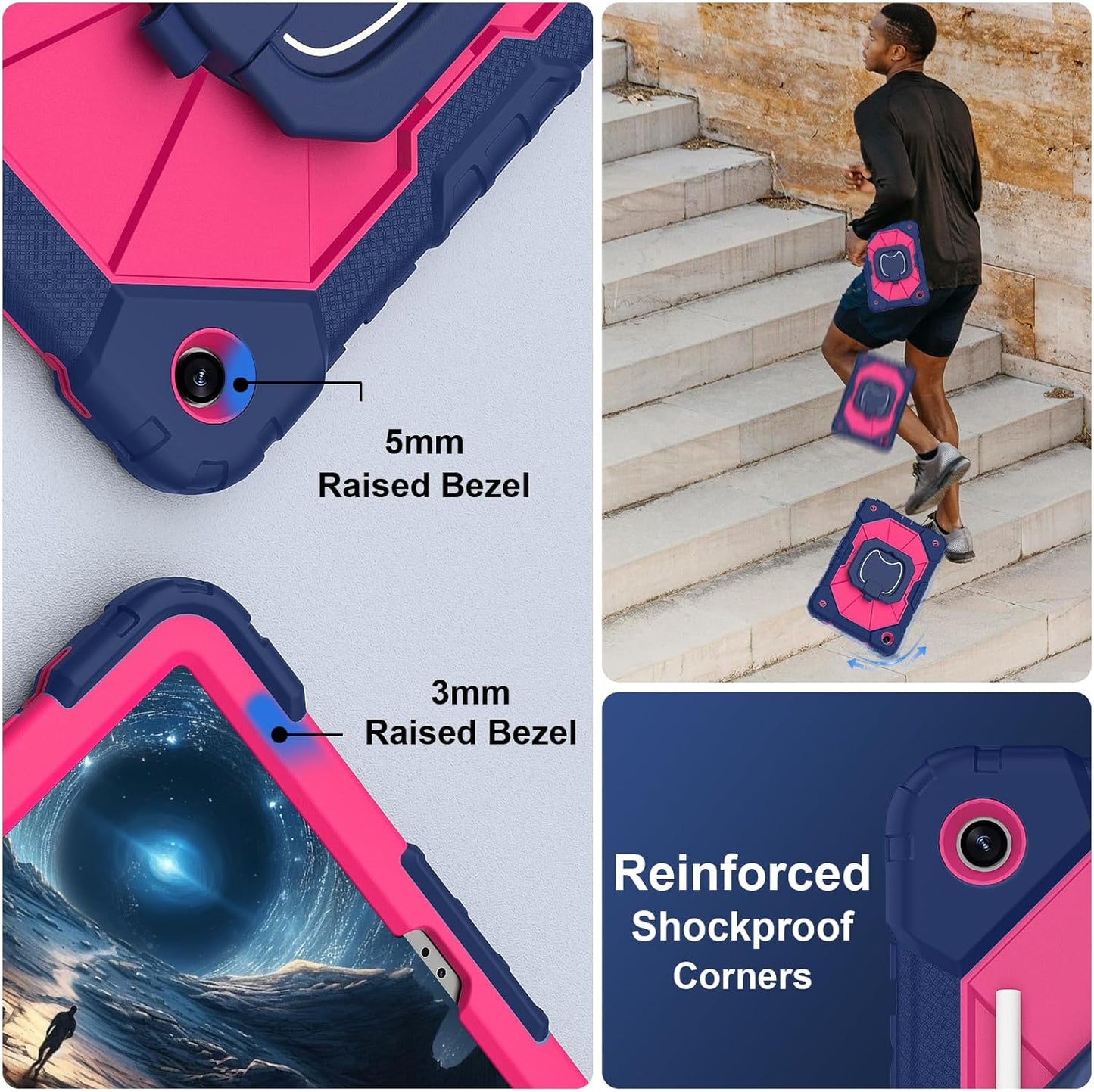 for Galaxy Tab A9 Plus Case 11 Inch, Rugged Case for Samsung Galaxy A9+ Tablet with Screen Protector 360 Rotating Stand Shoulder Strap Pen Holder, 2023 Model(SM-X210/X216/218), Navy Pink