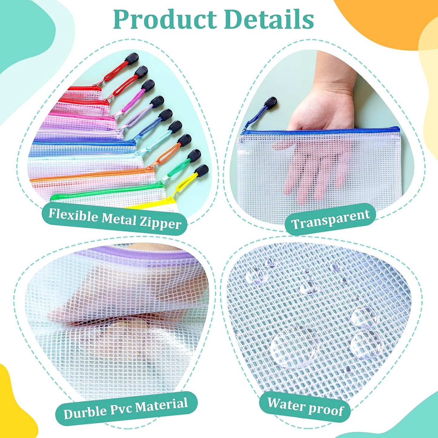 24pcs Mesh Waterproof Pouch Bags, 9 Sizes Clear Pouches, Organizer Bags With Zipper, 8 Colors for Travel & Toy Storage