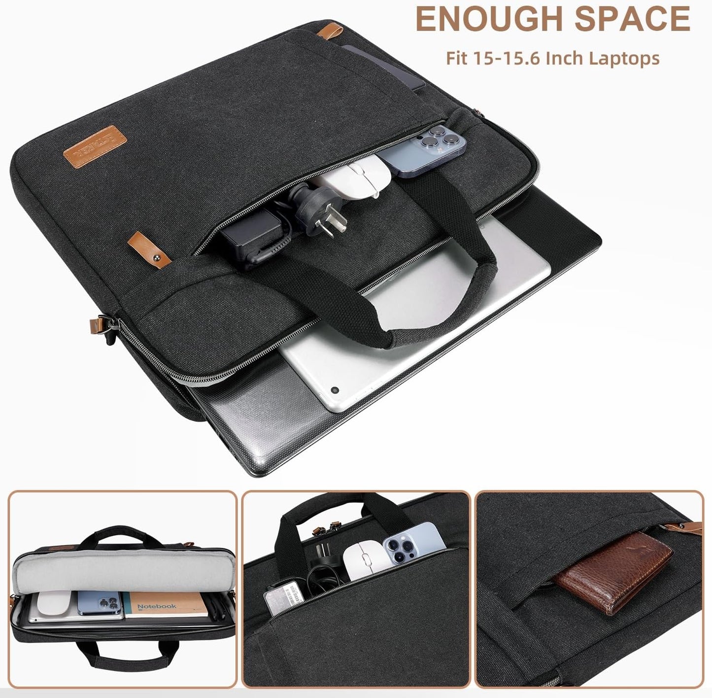 ESTARER Laptop Bag 15.6 Inch, Laptop Case for Men Water-resistant Canvas Computer Bag Fits Hp/Lenovo/Acer/Dell/Asus/MacBook, Dark Grey