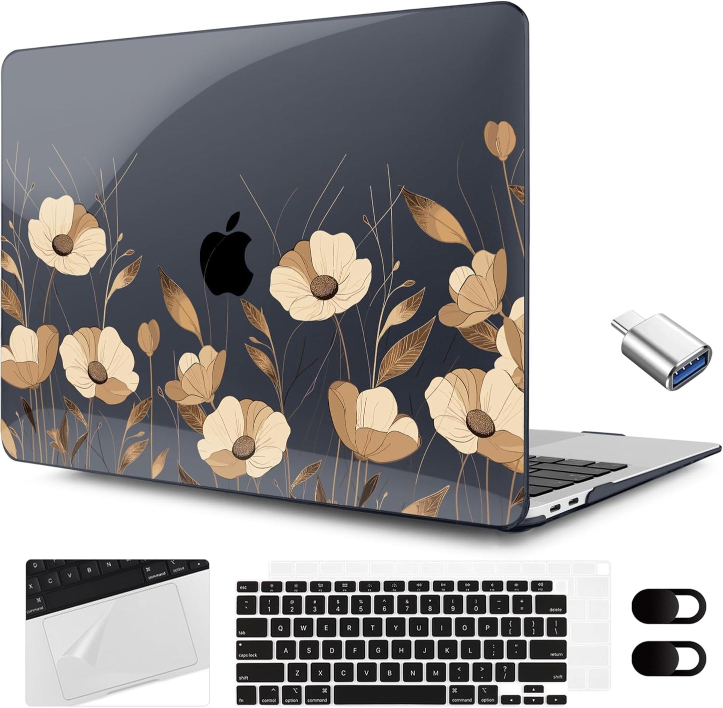 MEEgoodo for MacBook Air 13.3 inch Case 2021 2020 2019 2018 A2337 M1 A2179 A1932, Laptop Shell for MacBook Air M1 with Keyboard Webcam Cover & Trackpad Film & Type C Adapter,A Bouquet Flowers