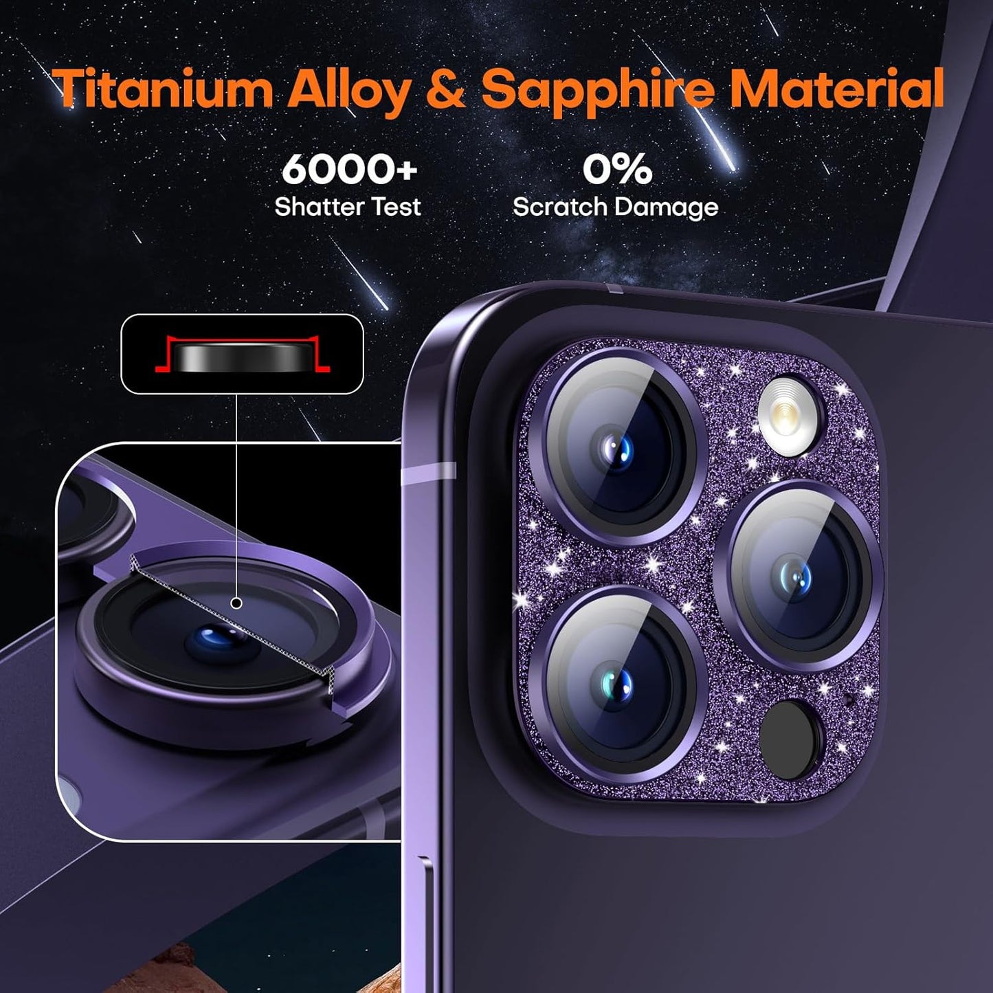 Camera Lens Protector for iPhone 16 Pro Max/16 Pro/15 Pro Max/15 Pro/14 Pro Max/14 Pro, Aluminum Alloy Sapphire Glass Camera Screen Cover, Case Friendly- Glitter Purple