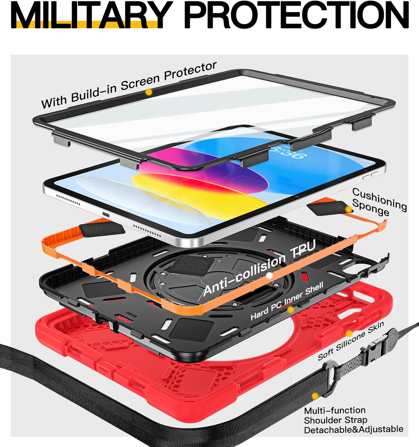 BRAECN for iPad (A16) 11th/10th Generation case 11/10.9 inch 2025/2022 Heavy Duty Shockproof Protective with Pencil Holder Screen Protector 360°Rotating Stand Handle & Shoulder Strap Full Body Cover