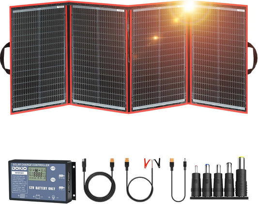 DOKIO 200W Portable Foldable Solar Panel Kit (20x27in, 9.7lb), with Separate Controller and Dual USB, Monocrystalline Charger for 12V Batteries & Power Stations, RV Camping Trailer Emergency Backup