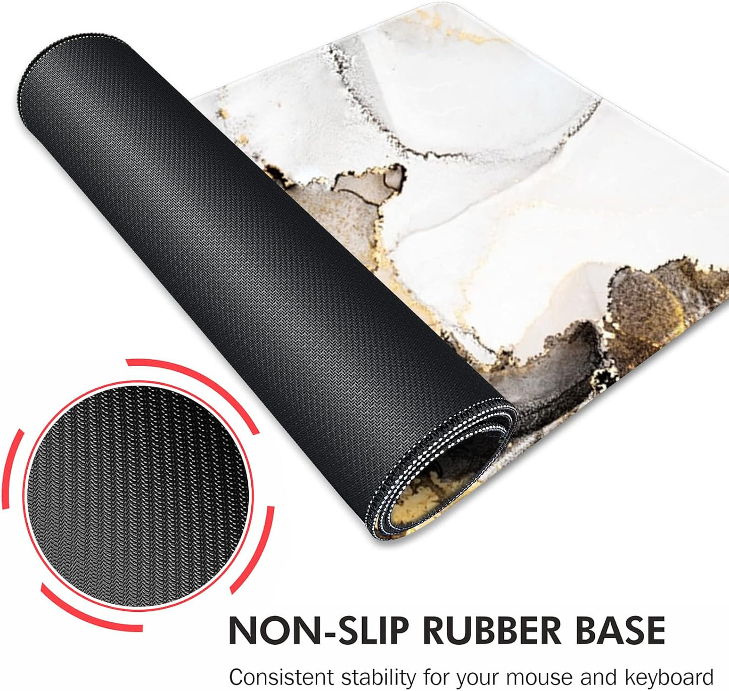 Galdas Large Mouse Pad XXL XL Large Mouse Pad Long Extended Mousepad Desk Pad Non-Slip Rubber Mice Pads Stitched Edges Thin Pad (31.5x11.8x0.12 Inch)-Ink White Gold Marble