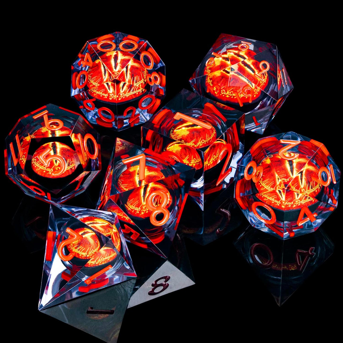 ARUOHHA DND Resin Dice Gazes Eye Dice Liquid Core Flaming RPG Sharp Edged Dice Set with Gift Box, Polyhedral D and D Dice Set Compatible with Dungeons Dragons Role Playing Game D20 D12 D10 D8 D6