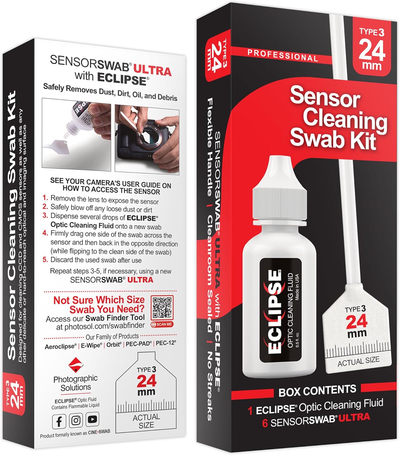 Sensor Cleaning Swab Kit - Eclipse Optic Cleaning Solution (0.5oz/15ml) + Type-3 Sensor Swab Ultra 24mm (Pack of 6) - for Full Frame CMOS and CCD Sensors - Dust & Oil Remover