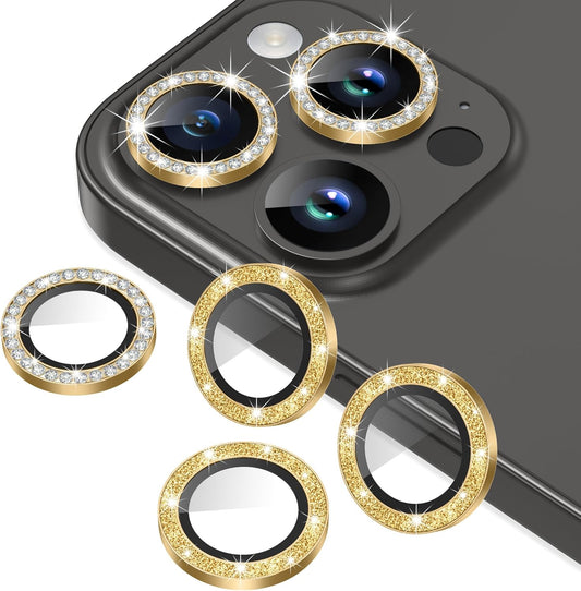 AGVEE 3+3 6 Pack for iPhone 15 Pro/Pro Max, Bling Diamond & Glitter Metal Ring 9H Tempered HD Glass Camera Protector Cover Film, Gold