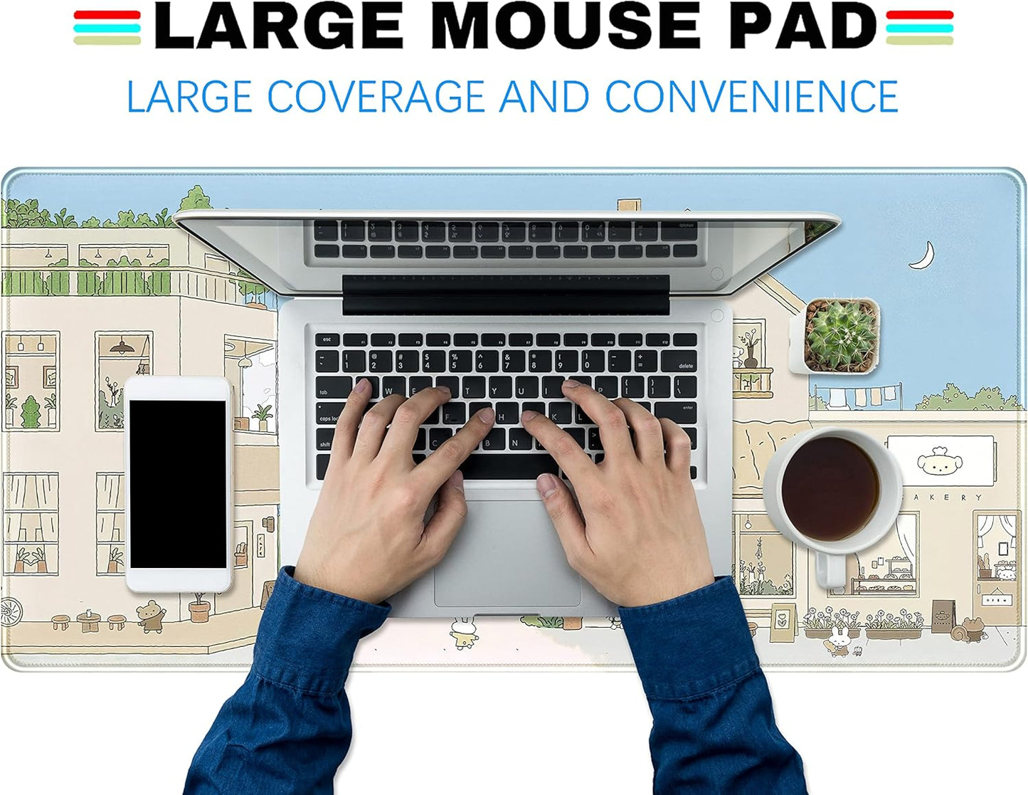Cute Desk Mat Kawaii Mousepad Japanese Street Mouse Pad, Blue and Brown Cute Anime Keyboard Mat 31.5"x15.75", Large Mouse Pad XXL Gaming Desk Pad XL Office Decor for Women Girls Laptop Keyboard Pad
