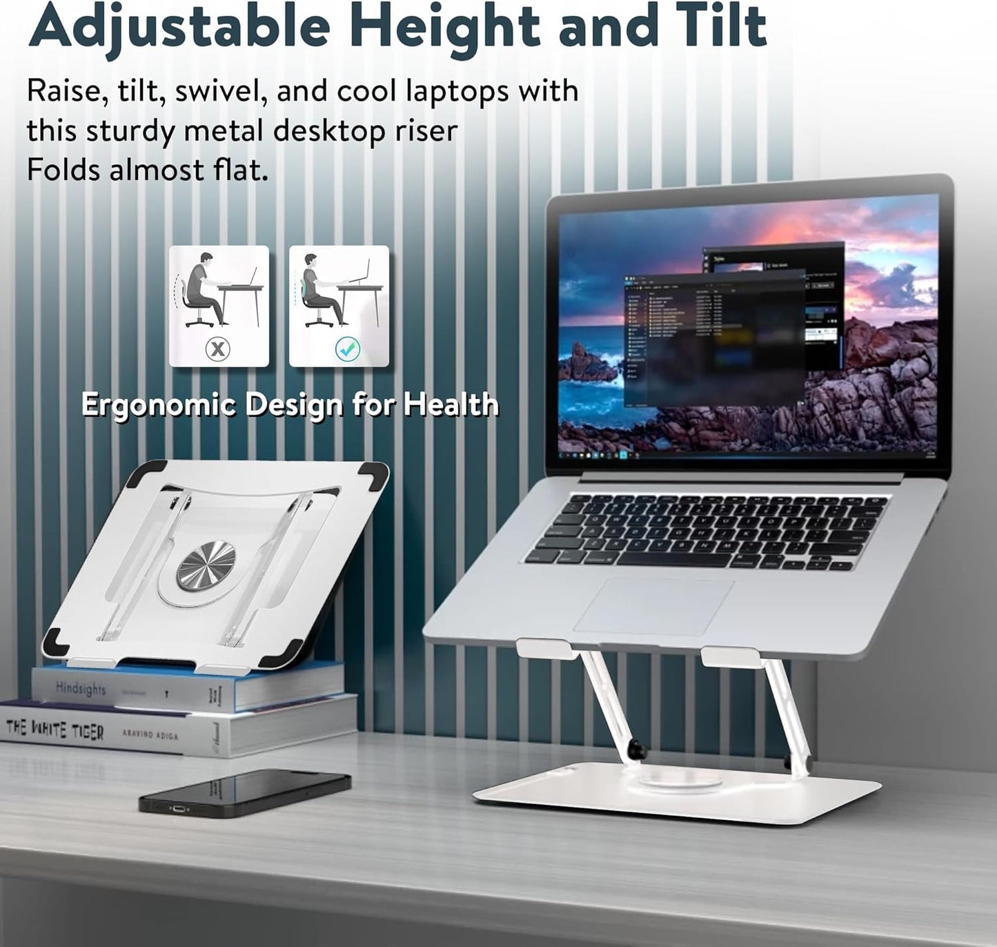 Uncaged Ergonomics Swivel Laptop Stand for Desk, Adjustable Computer iPad Stand for Desk w/ 360 Rotation, Portable Laptop Holder for Home Office Ergonomic Supplies (White)