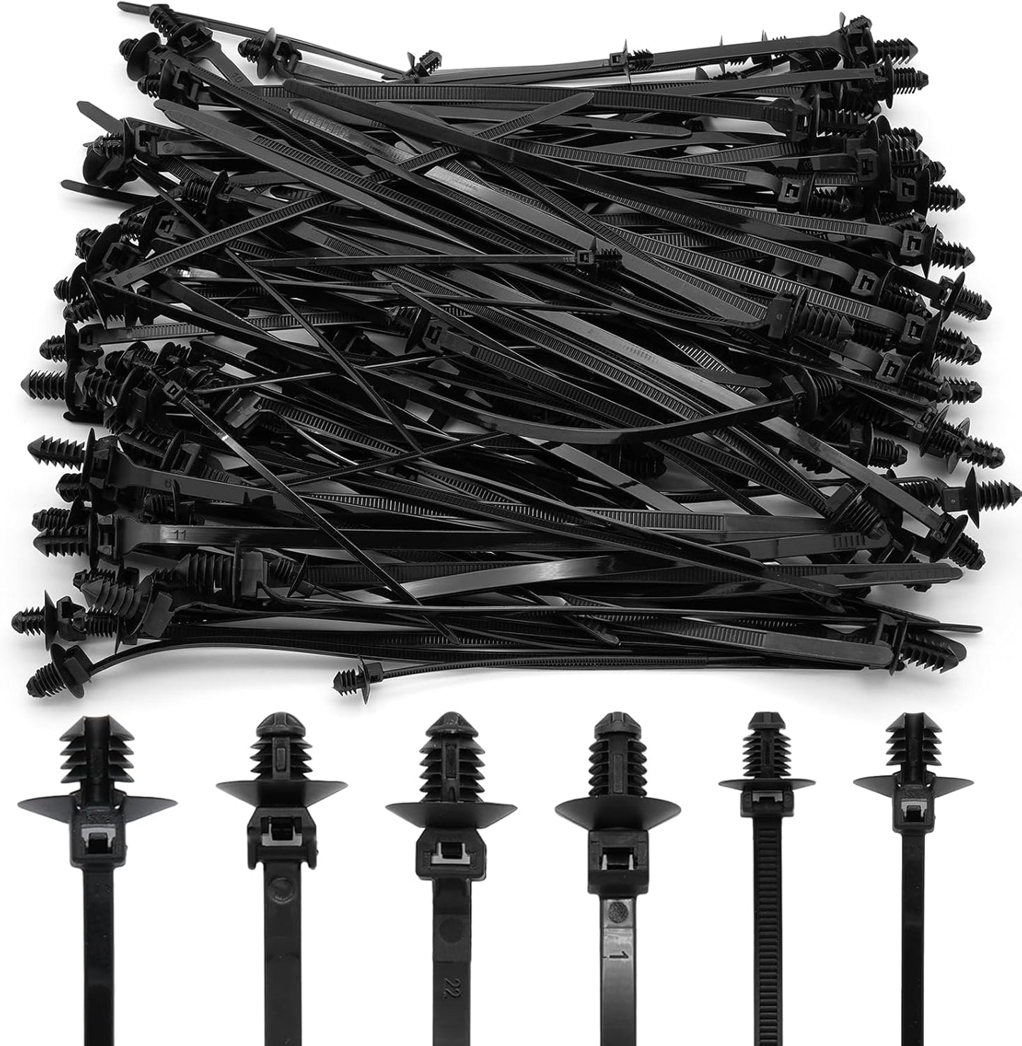 120 Pcs Push Mount Cable Ties Assorted Sizes, Black Nylon Push Mount Zip Ties Wire Harness Clips, 6-Types Snap in Zip Ties Self Locking Automotive Wire Ties for Wire Tying, Automotive