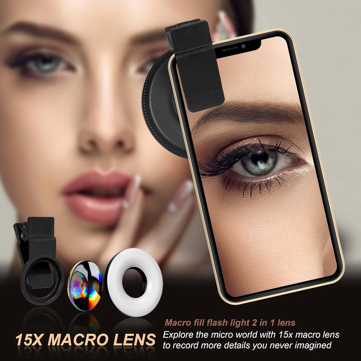 37mm Macro Lens for iPhone and Android with Mini Clip Ring Light, Portable Rechargeable Dimming, for Smart Phone Photography, Camera Video Recording, Black