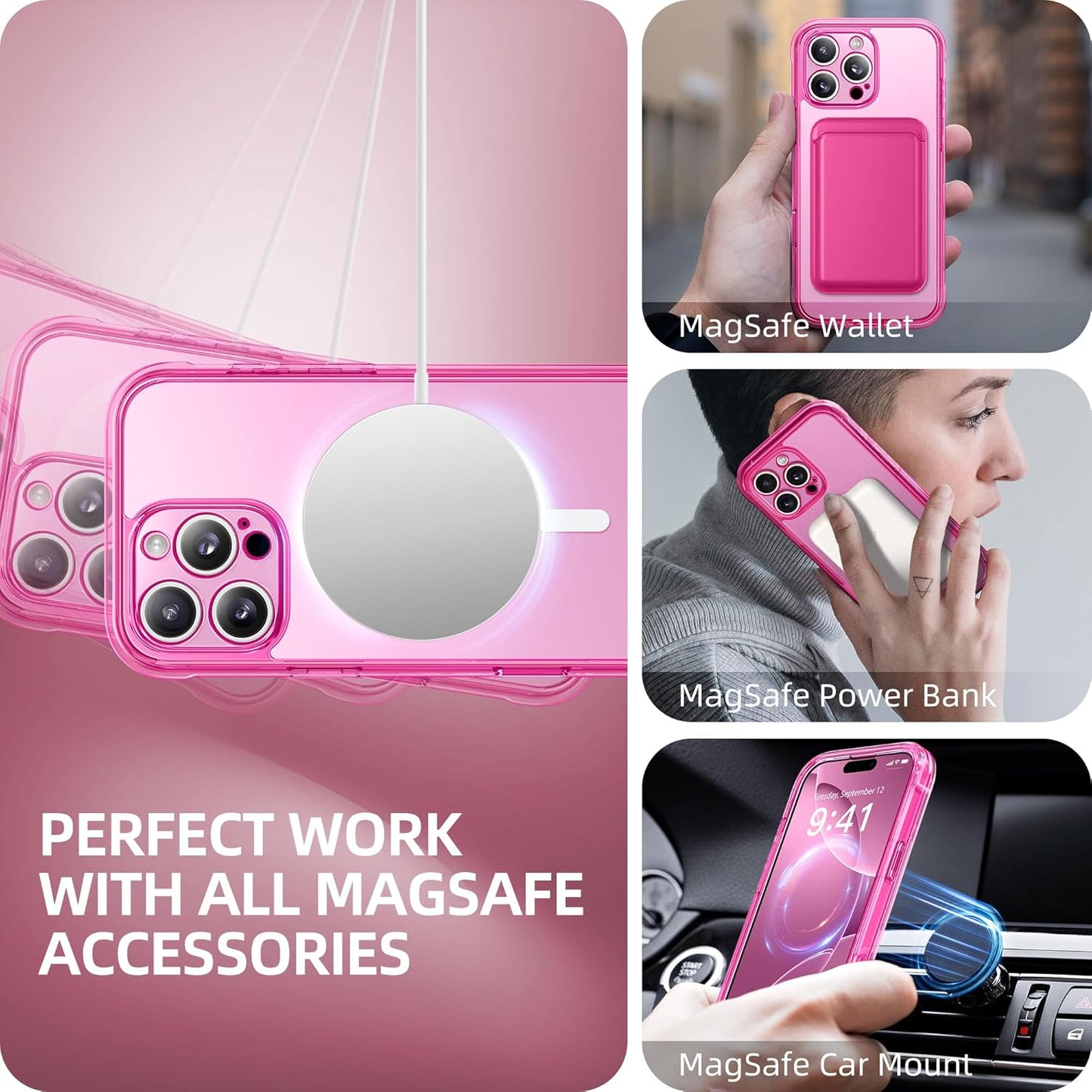 BERFY Magnetic for iPhone 16 Pro Case, Compatible with MagSafe, [Built-in 9H Tempered Glass Screen Protector & Upgraded Camera Protection] Full Body Shockproof Phone case for 16 Pro 6.3", Bright Pink