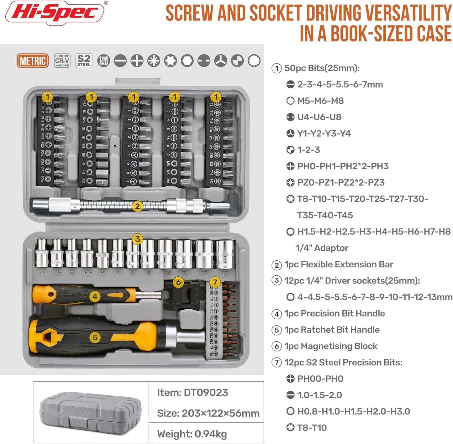 Hi-Spec 78pc Multi Screw Driver Bit Set and 1/4 inch Socket Set with Handles. Flexible Extension, Precision, Torx and Tamperproof 1/4 inch Hex Screwdriving Bit Accessories in a Case