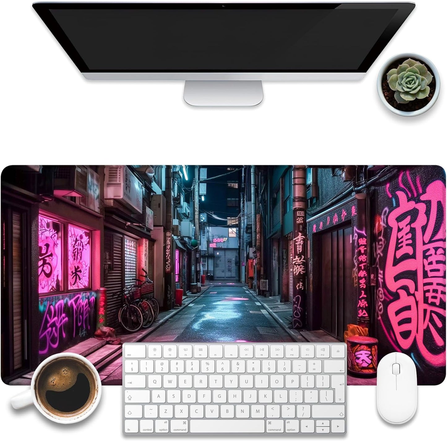 Desk Pad, Anime City Street Scene Desk Mat, Pink Neon Street Large Gaming Mouse Pad for Desk, 31.5"x15.7" Extended Big Computer Keyboard Mouse Pad with Non-Slip Base and Stitched Edge