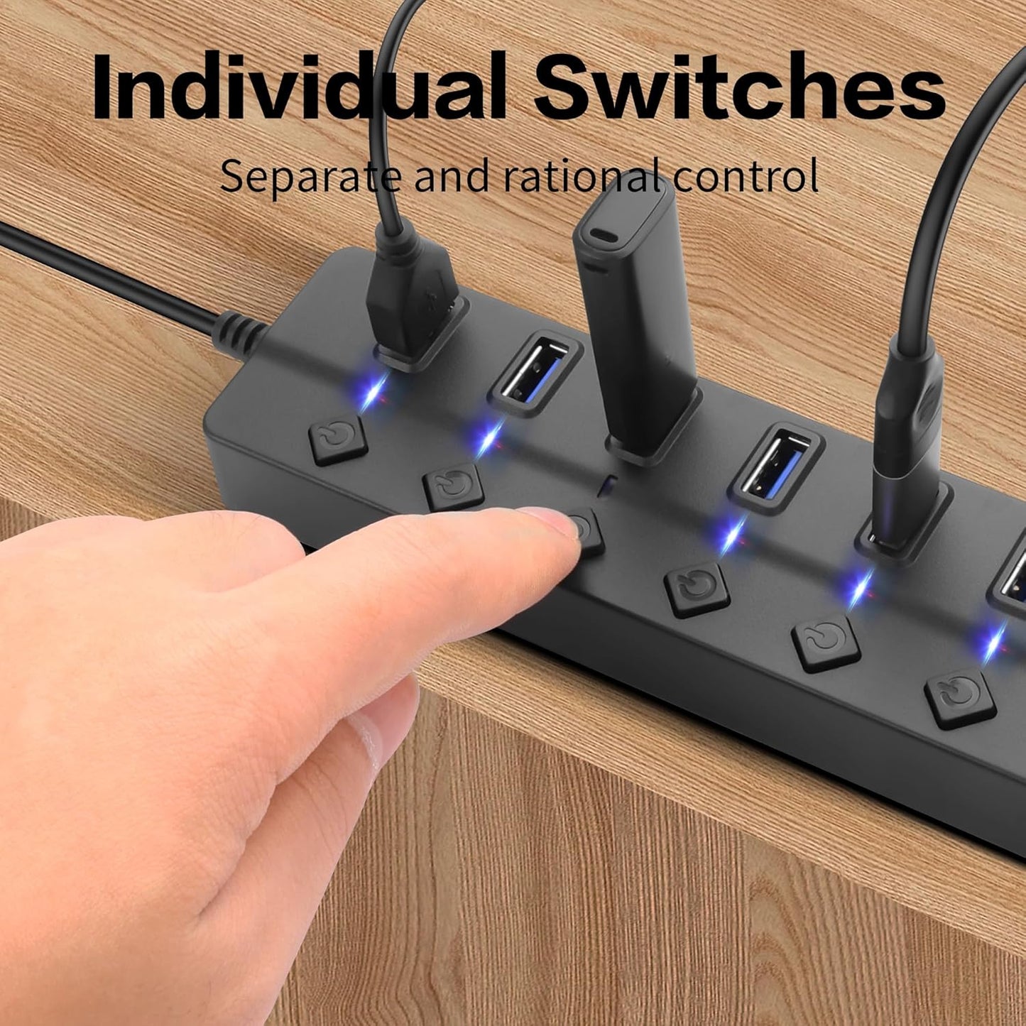 90 Degree USB Hub Splitter YACSEJAO USB 2.0 Data Hub with Individual LED Button On/Off Switch DC5.5 * 2.1 Power Port for Laptop,PC Computer (7 Ports, 0.3M)