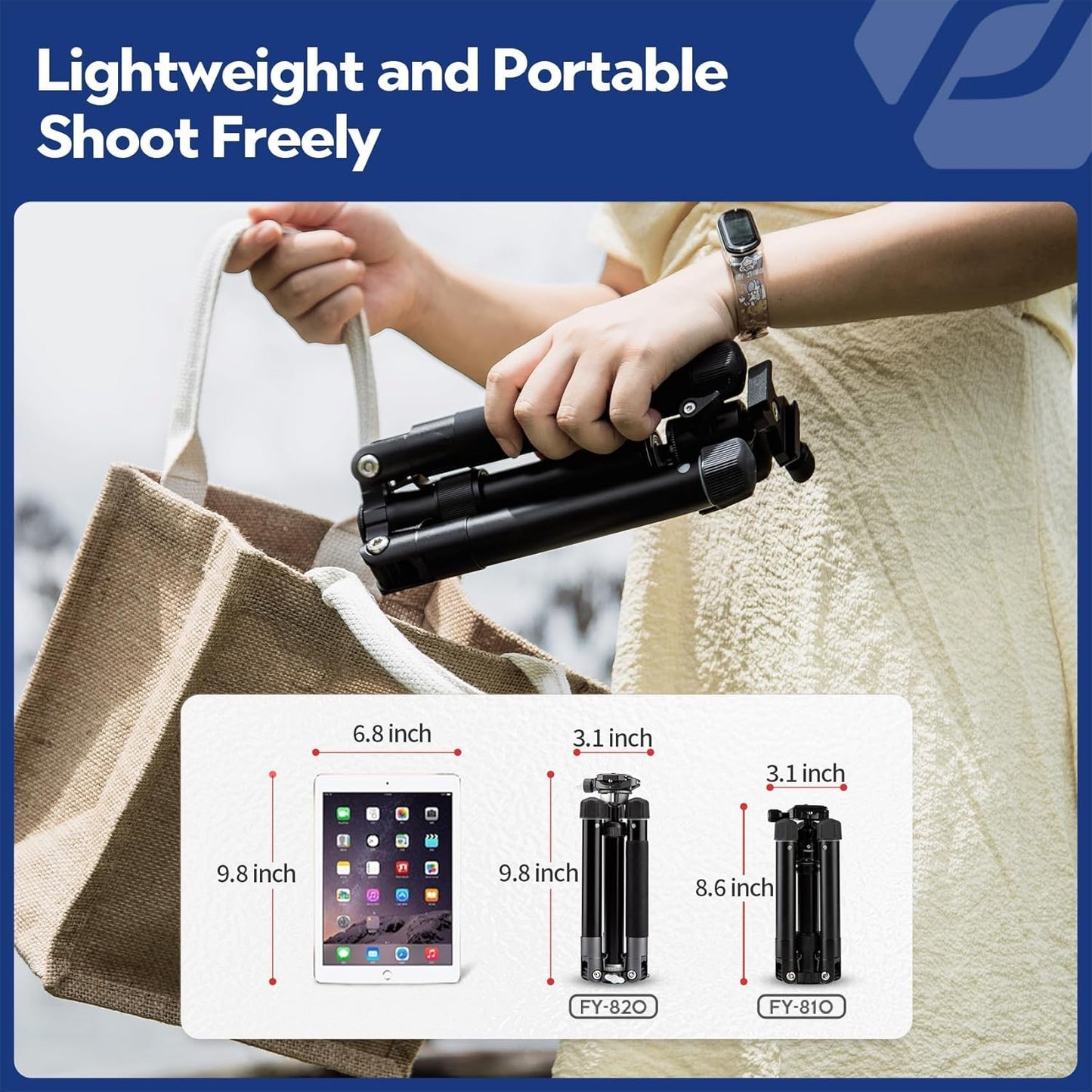 Fotopro Mini Tripod with Ball Head Phone Mount Detachable Selfie Stick Folded only 8.6" Max Load up to 6.6 lbs FY-810 Black