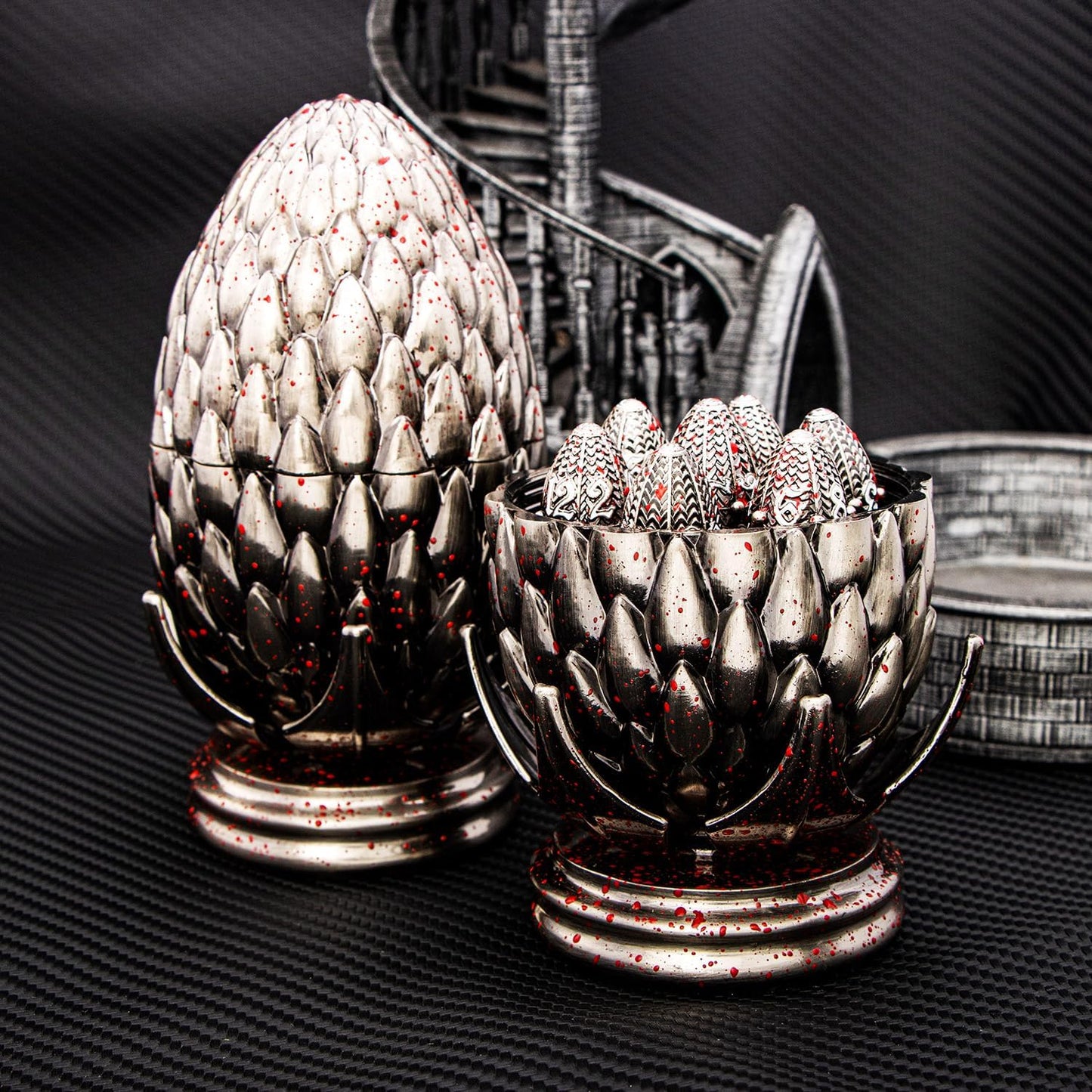 ARUOHHA DND Metal Dice Blood Splatter Dragon Egg Dice with Rotating Dragon Egg Shell, Role Playing Game RPG Polyhedral D and D Dice Set D20 D12 D10 D8 D6 D4