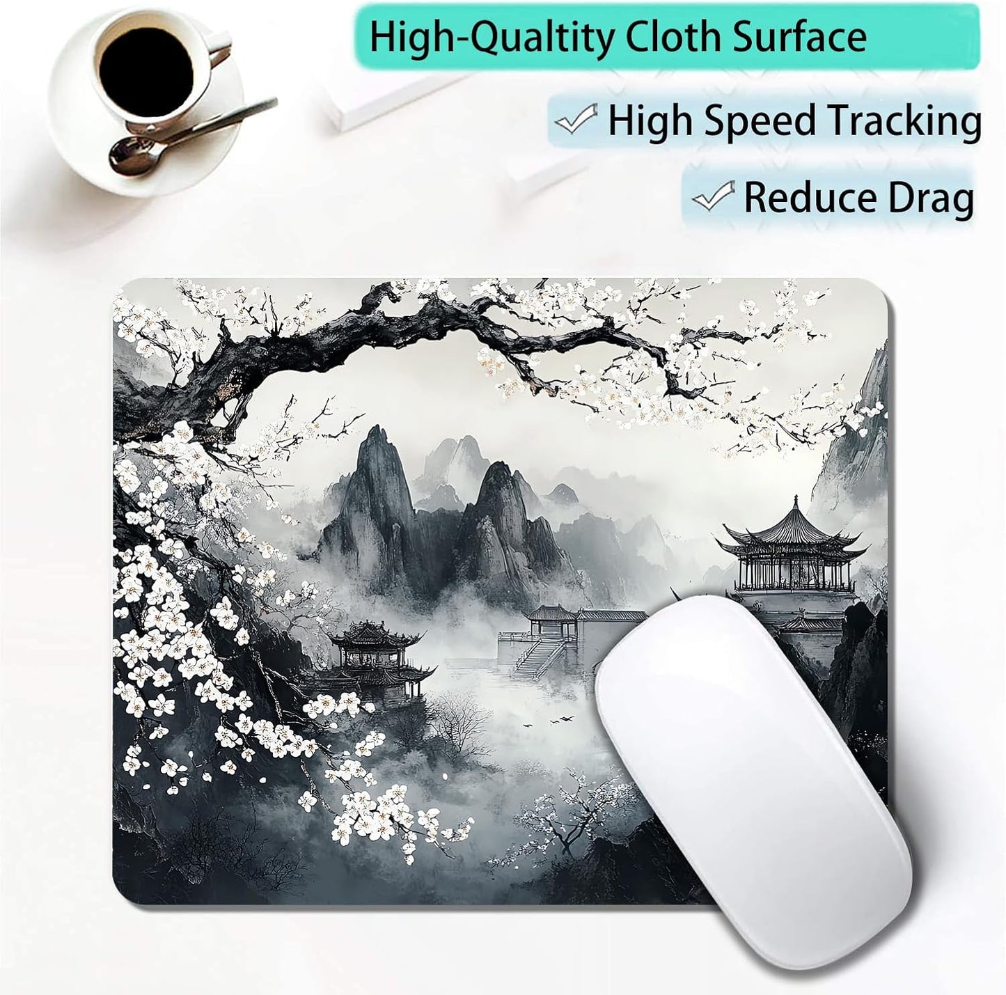 Japanese Aesthetic Landscape Painting Custom Mouse Pad with Non-Slip Rubber, Small Square Design for Wireless Laptop & Computer Mouse Pads for Desk, 9.5 x 7.9 inch Smooth Surface for Gaming & Office