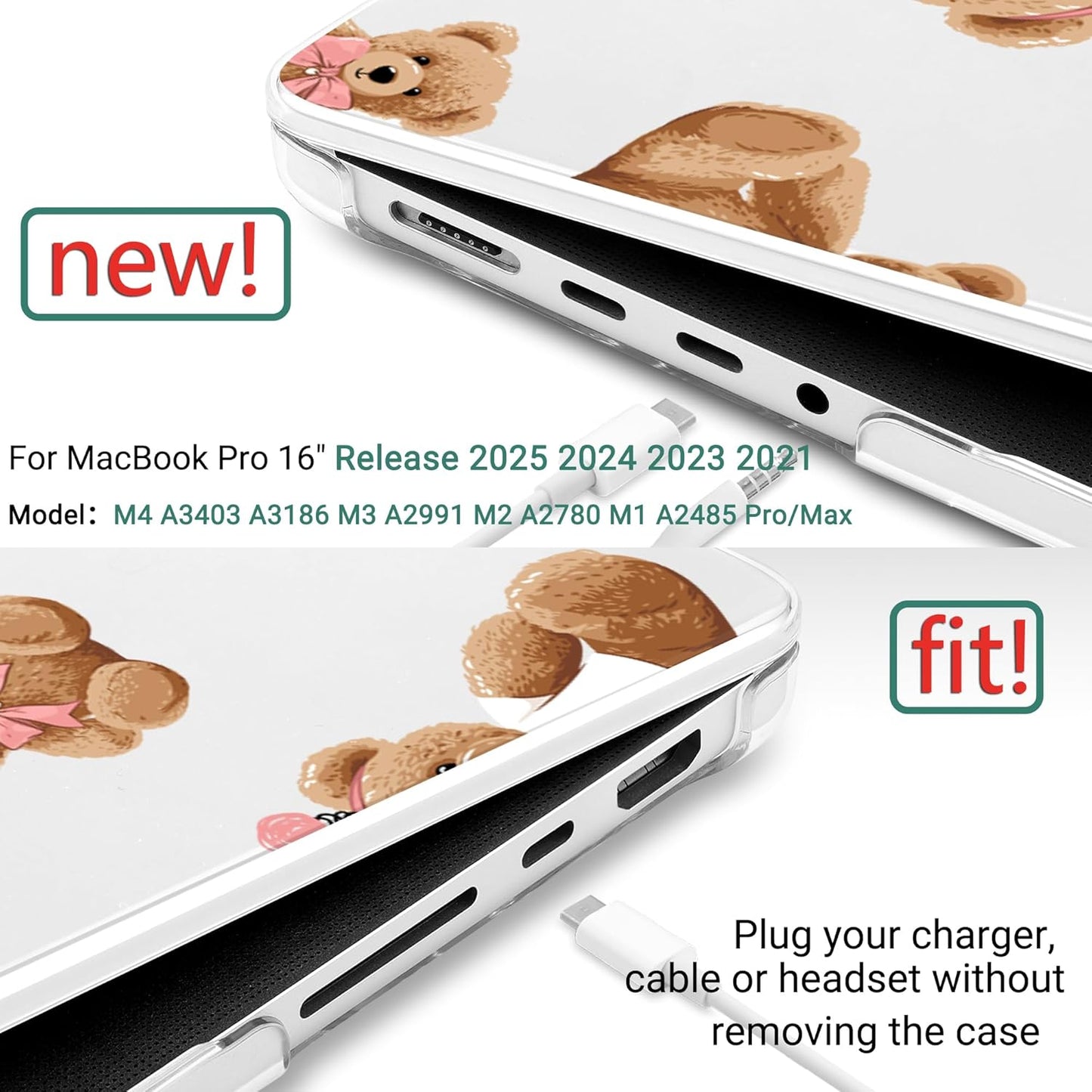 DONGKE for M4 MacBook Pro 16 Inch Case 2024 2023 2021 A3403 A3186 M3 A2991 M2 A2780 M1 A2485 Pro/Max Chip, Plastic Hard Shell Case & Keyboard Cover for Mac Pro 16 with Touch ID, Cartoon Bears