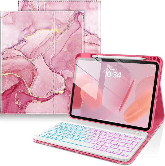 DTTO for iPad 11th (A16)/ 10th Generation Case with Keyboard (2025/2022), 7 Colors Backlit Wireless Detachable Keyboard Leather Folio Cover with Pencil Holder & Pocket, Red Marble