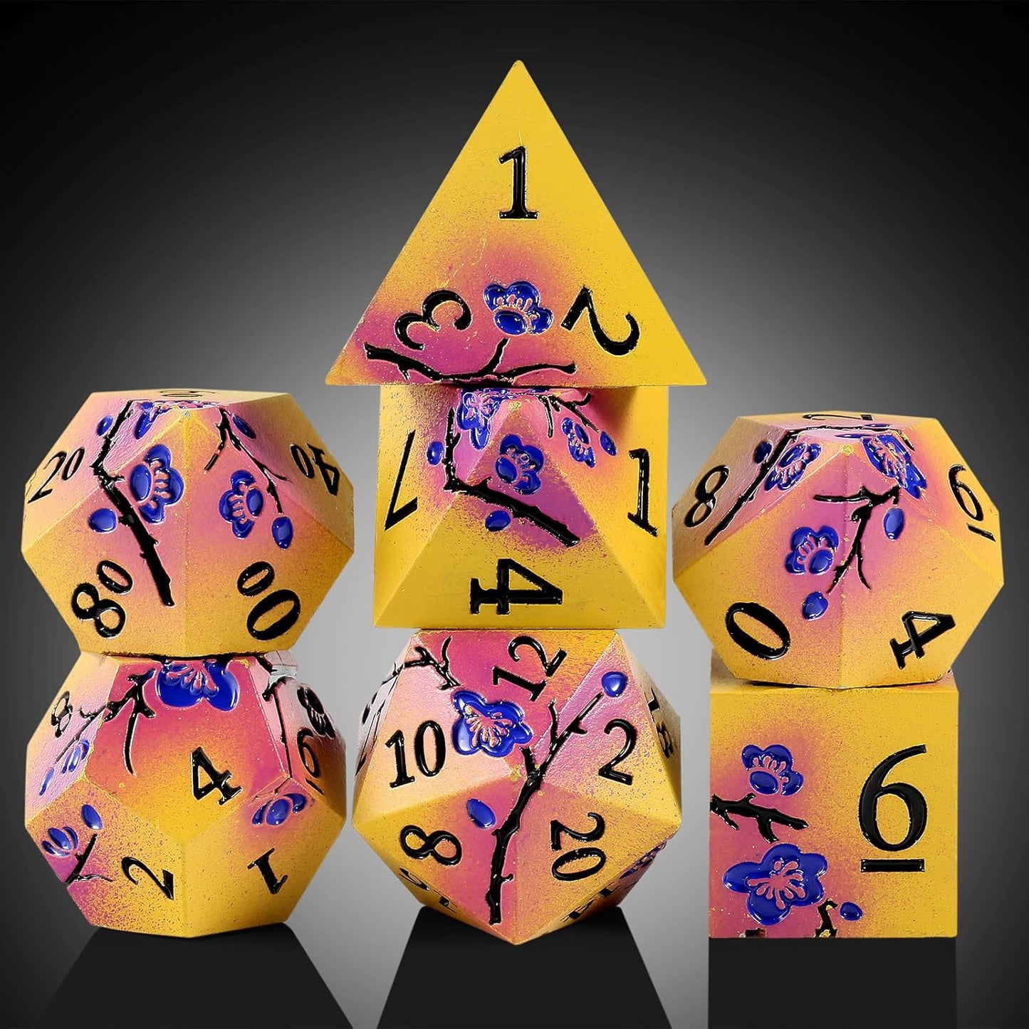 DNDND Flowers Metal Dice, 7 PCS Metallic DND Dice with Gorgeous Gift Case for D&D Dungeons and Dragon Tabletop Game (Earth Yellow and Purple)