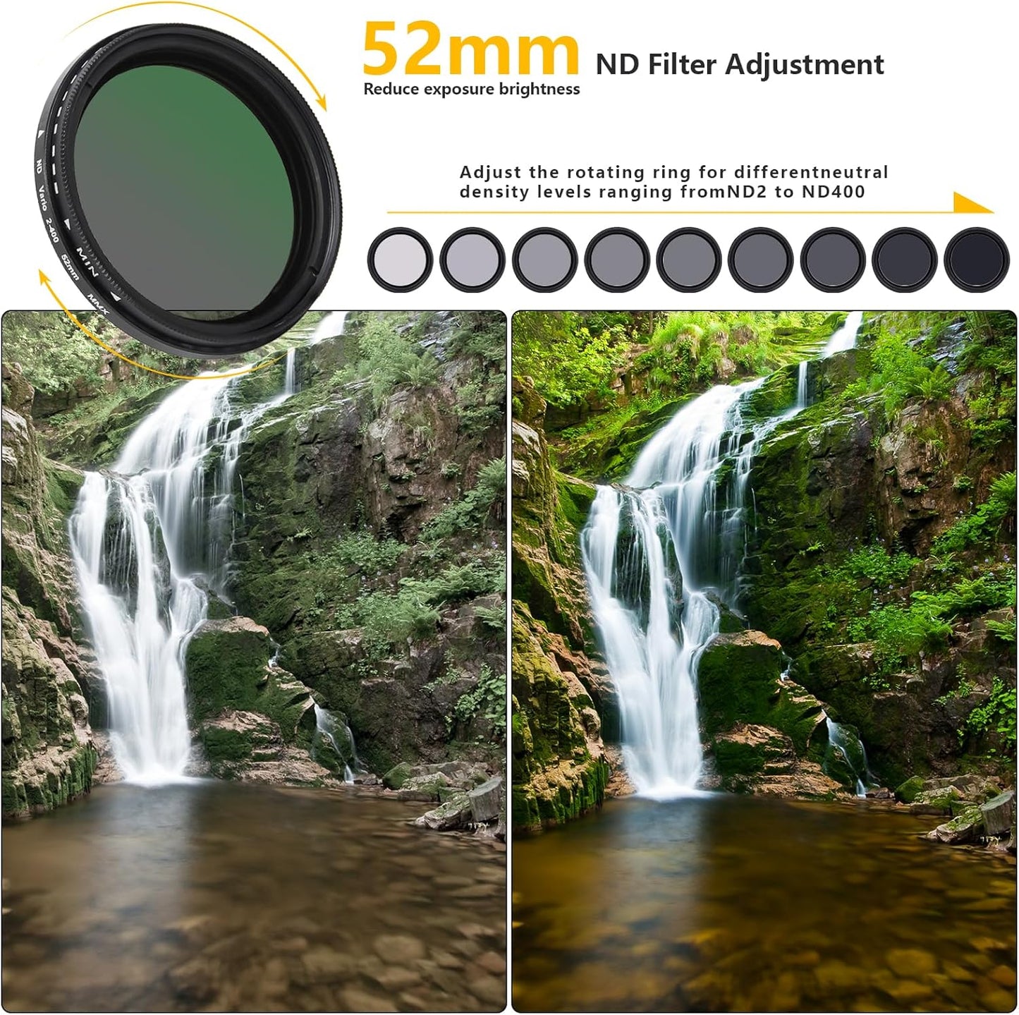 52MM Variable ND2-ND400 Filter, Ultra Slim Multi-Coated Adjustable Neutral Density Filter, Clip-on Phone Lens ND Filter Kit, Compatible for iPhone 15 14 13 12 11, Google Pixel and Other Smart Phones