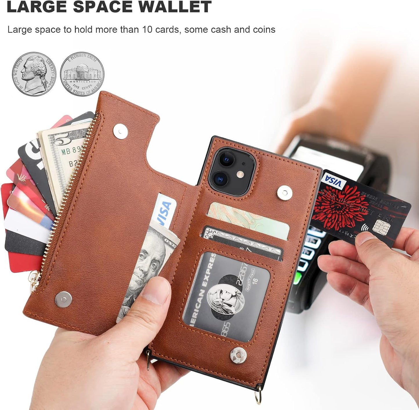 Bocasal Crossbody Wallet Case for iPhone 11 with Card Holder,Zipper Card Slot Protector Shockproof Purse Cover with Removable Cross Body Strap 6.1 Inch(Brown)