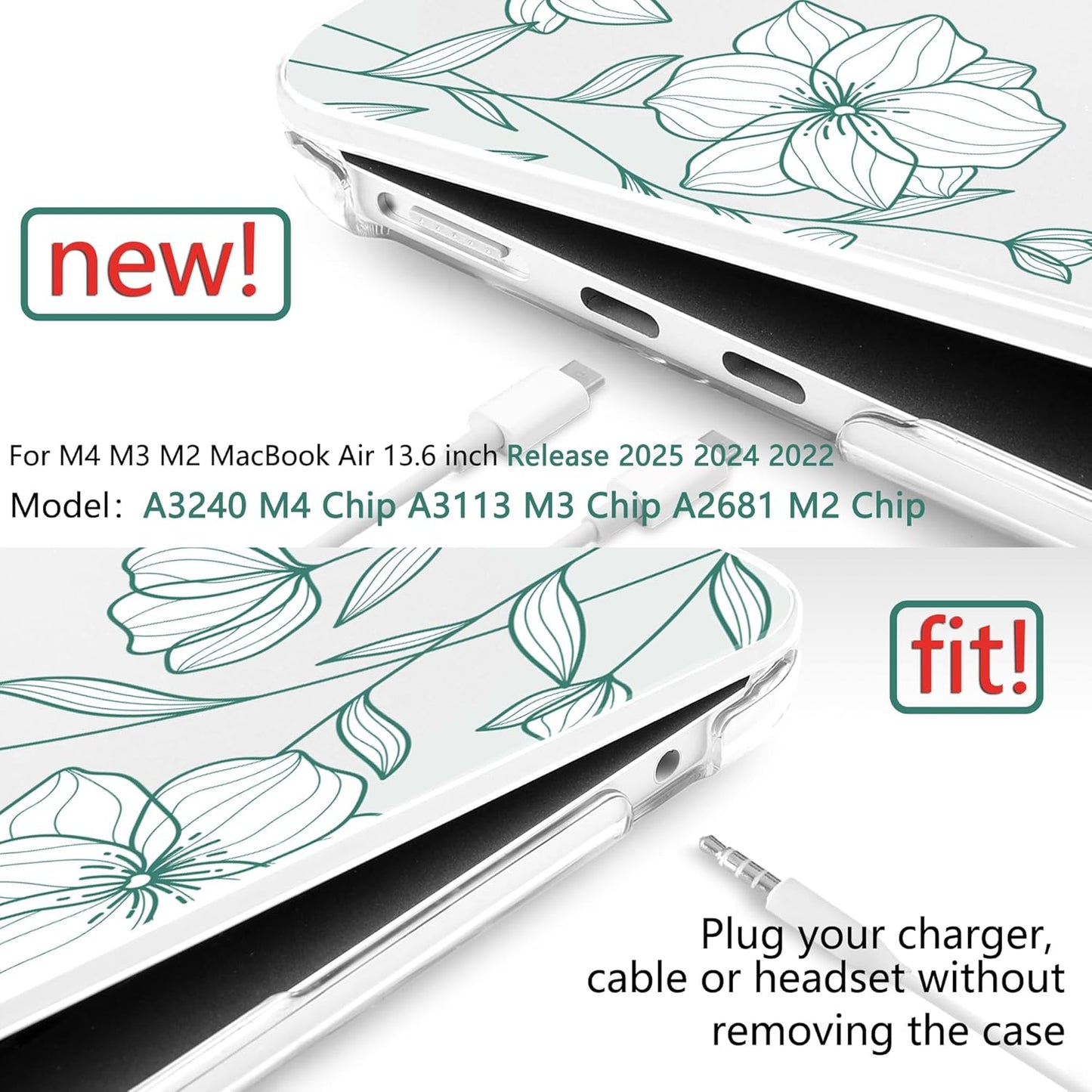 TWOLSKOO Compatible with M4 MacBook Air 13.6 inch Case 2025-2022 Release M4 A3240 M3 A3113 M2 A2681, Plastic Hard Shell & Keyboard Cover & Type C Adapter & Screen Protector, Botanical Line Art