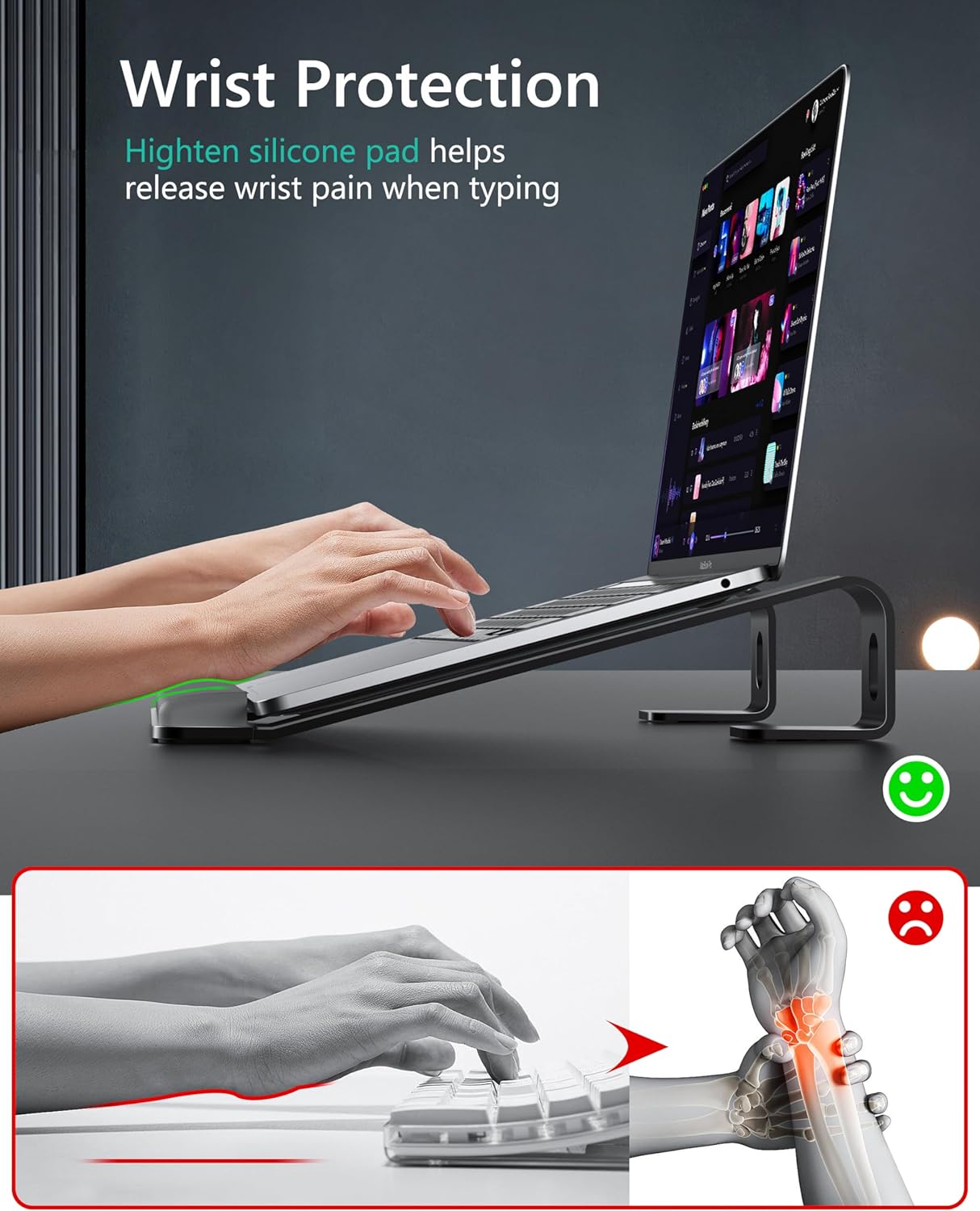 Aluminum Laptop Stand, Notebook Stand with Wrist Rest, Ergonomic Detachable Laptop Mount, Computer Stand Compatible with 10-17'' All Laptops Such as MacBook Air Pro/HP/Dell/Lenovo, Black