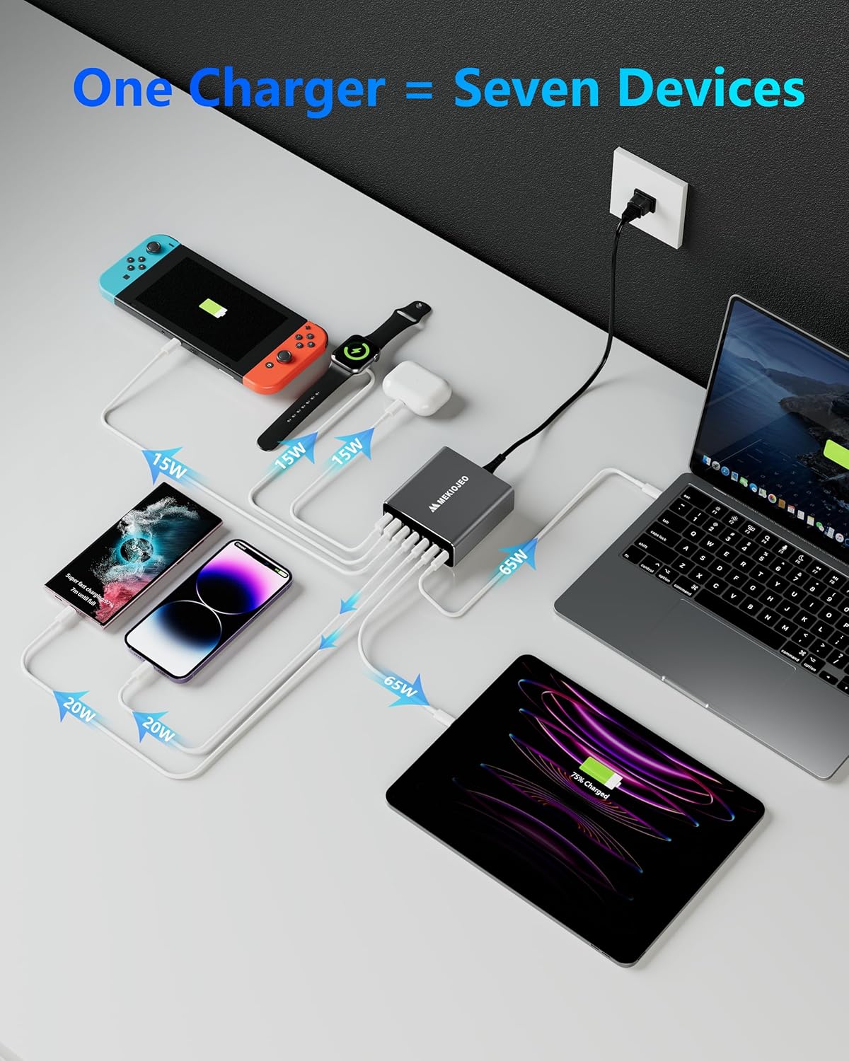 Aluminum Alloy 260W USB C Charger GaN Fast USB C Charging Station 7 Ports 65W Laptop Charger for MacBook Pro/Air/iPad Pro/iPhone (Gray)