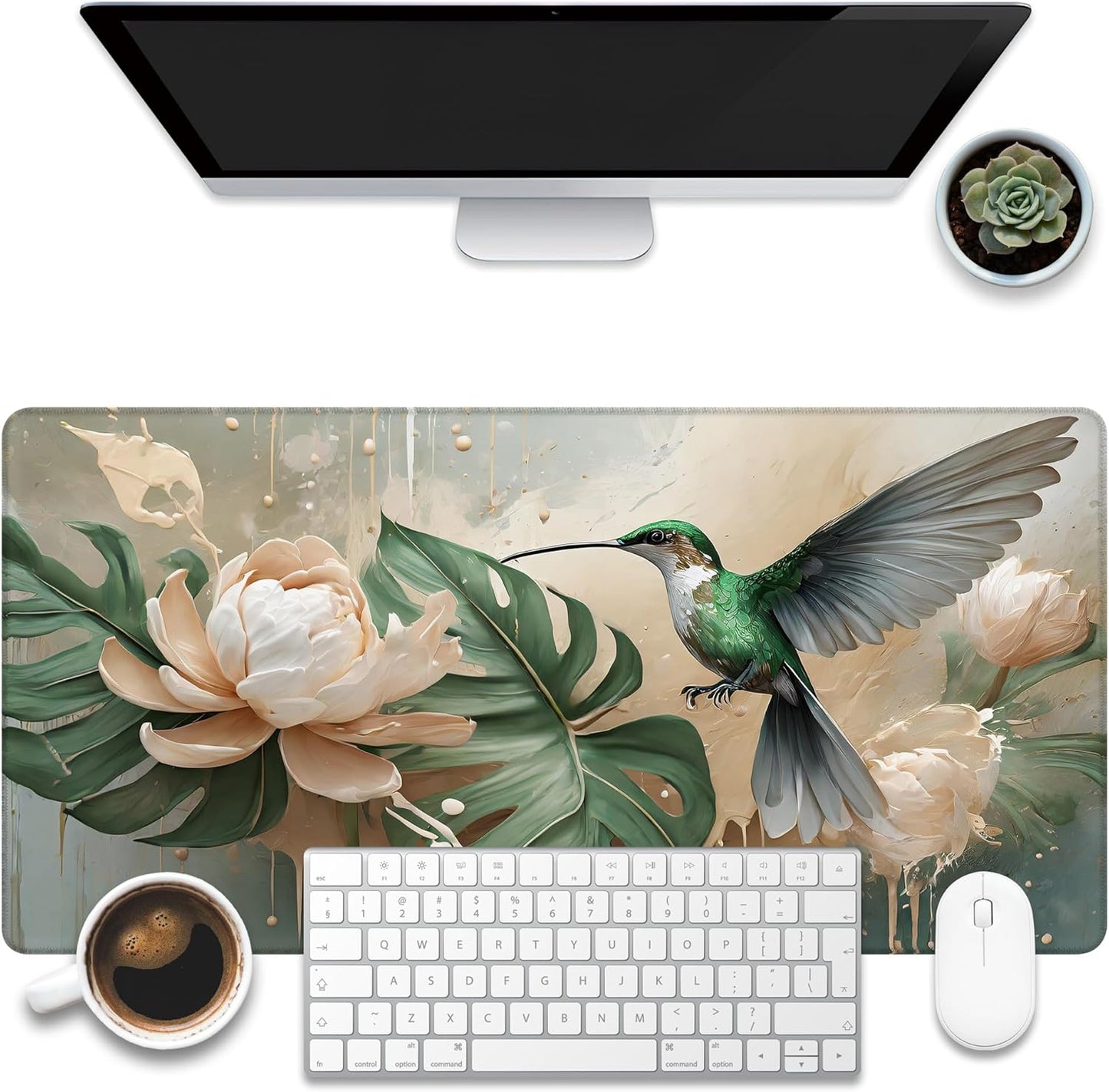 Desk Pad, Elegant Hummingbird Desk Mat, Oil Painting Flowers and Leaves Large Gaming Mouse Pad, 31.5"x15.7" Extended Big Computer Mouse Pad with Non-Slip Base and Stitched Edge