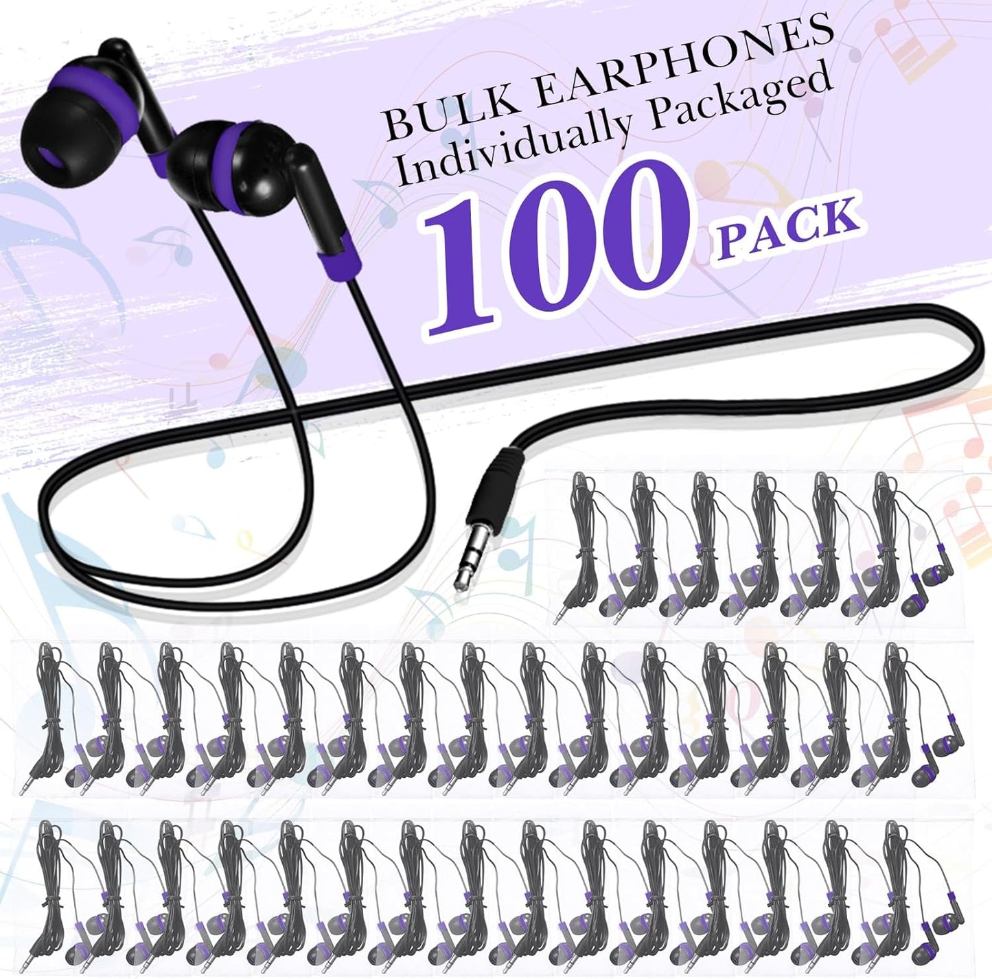 Kanayu 100 Pack Wired Earbuds Bulk for Classroom Ear Headphones Wired Basic Student Earbuds No Microphone with 3.5mm Jack for Kids Class Laptop School Library, Individually Bagged(Purple)