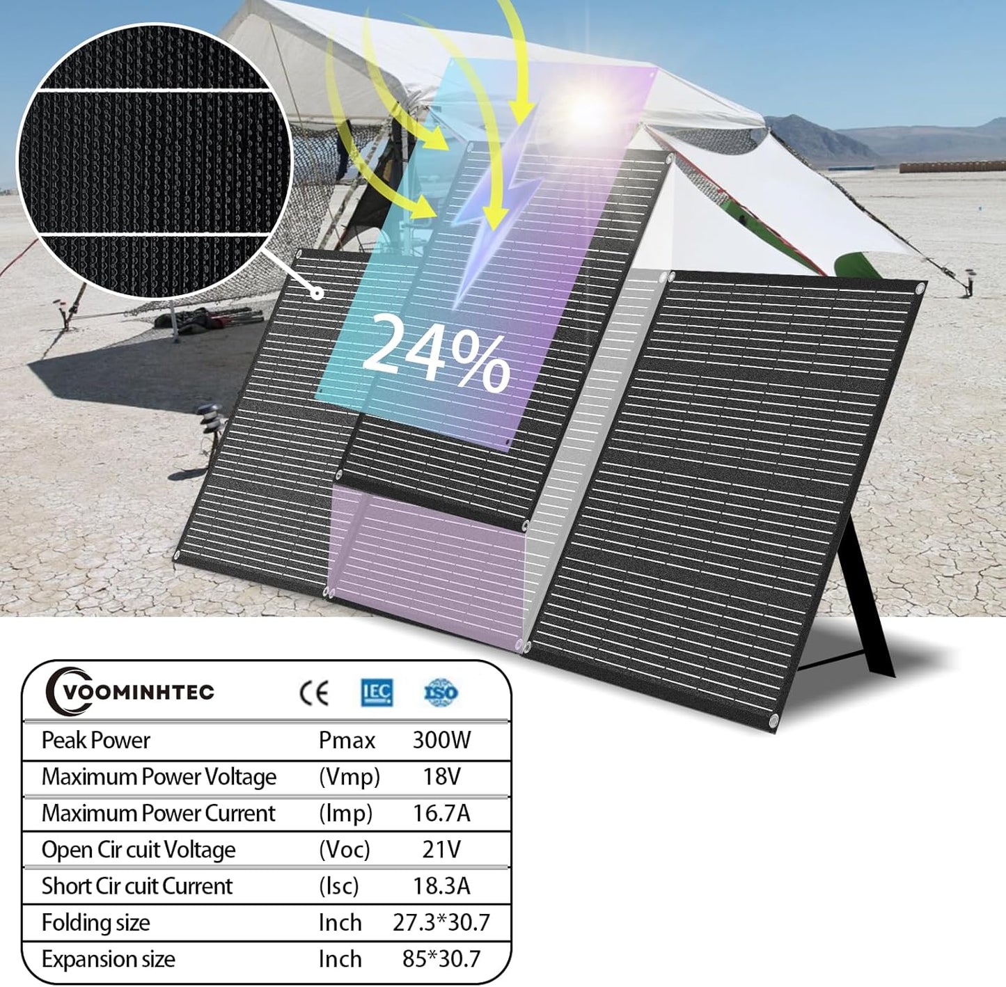 310W 18V Portable Foldable Solar Panel Monocrystalline ETFE 24% High Efficiency Foldable Kickstand Ultra-Light Waterproof IP65 Solar Charger for Power Station Off Grid Outdoor
