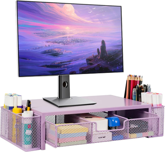Computer Monitor Stand Riser with Drawer and Pen Holders, Desk Organizer Shelf and Accessories, Office Desk Accessories, Office Organization, Purple