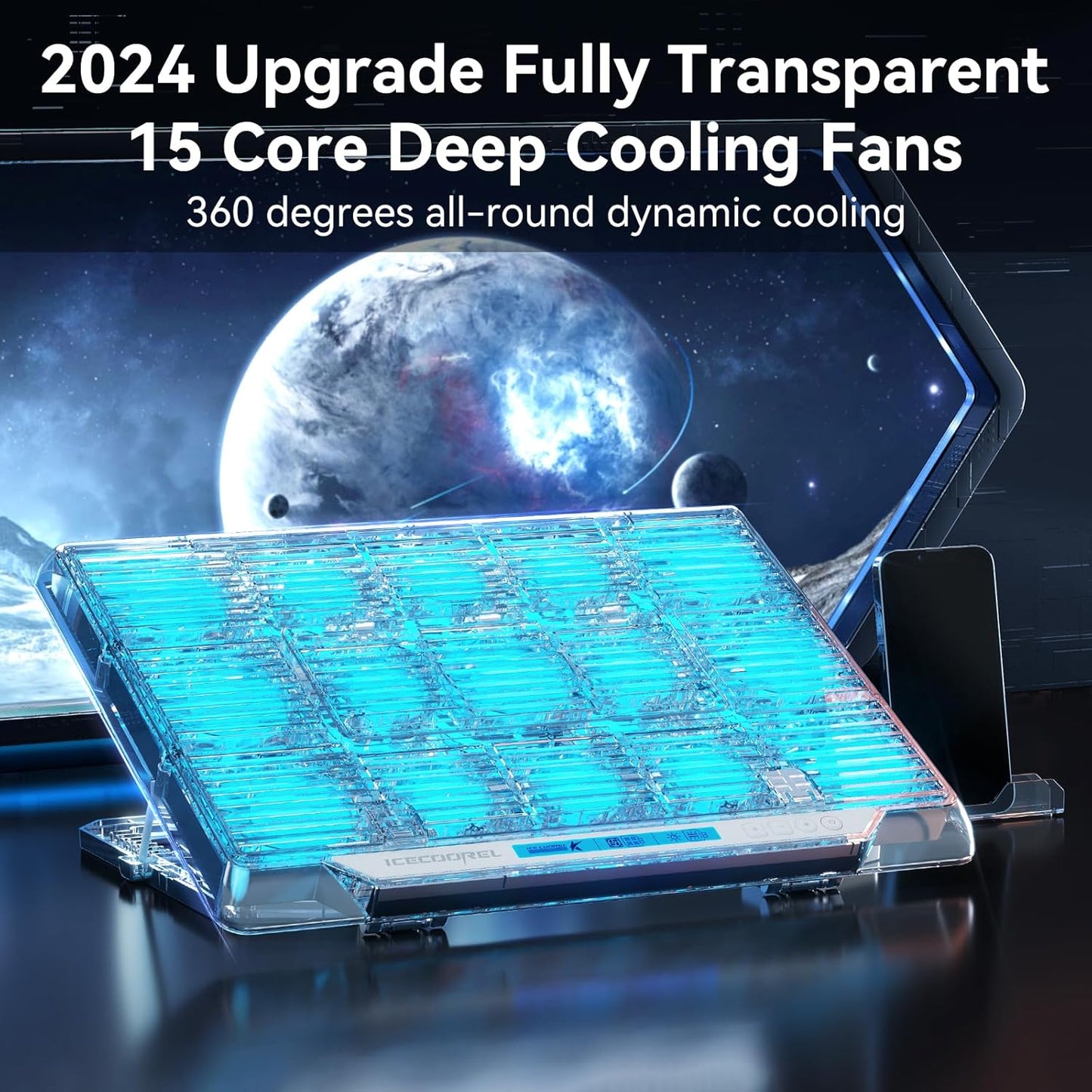 ICE COOREL Gaming Laptop Cooling Pad with 15 RGB Cooling Fans, Fully Transparent Laptop Fan Cooler Pad for 15-21 Inch, Gaming Laptop Cooler Stand with 8 Height Adjustable, USB Port and Type-C Port