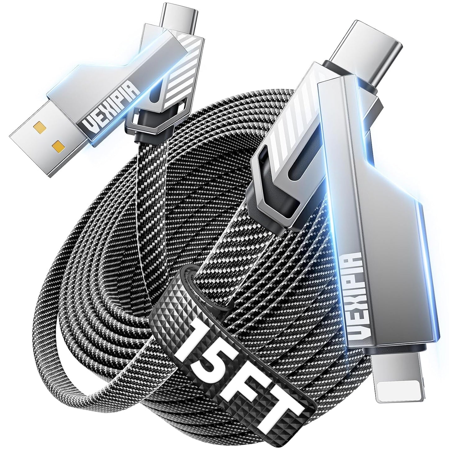 4-in-1 Long USB C Cable 45W 15FT Fast Charging Flat Nylon Braided for iPhone iPad Charger Cord [480Mbps Data Sync] Multi Charge Wire with L/Type C/USB A Port [SHEZI Series]