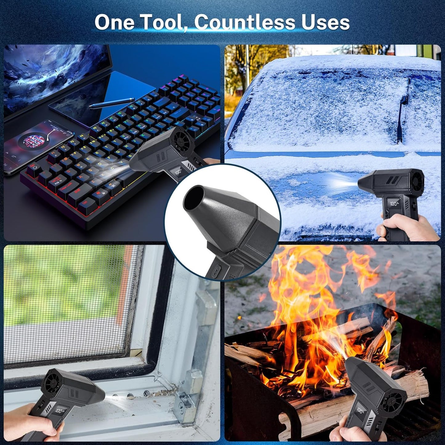 2-in-1 Electric Compressed Air Duster & Car Vacuum Cleaner - 130000RPM High Power Air Blower with LED Light 100-Gear Rechargeable Strong Keyboard Cleaner for PC, Laptop, Home, Car - Black