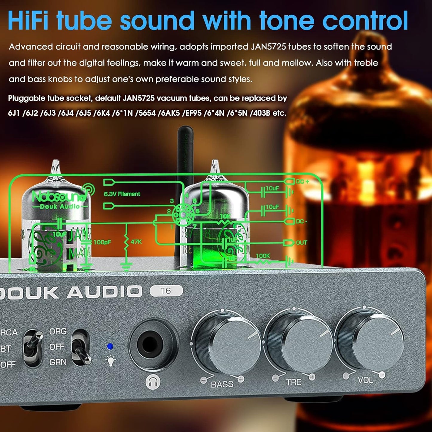 Douk Audio T6 2 Channel 80 watts x2 Bluetooth Tube Amplifier Hi-Fi Stereo Power Amp Audio Wireless Receiver with Headphone/Line Output & Treble Bass Tone Control