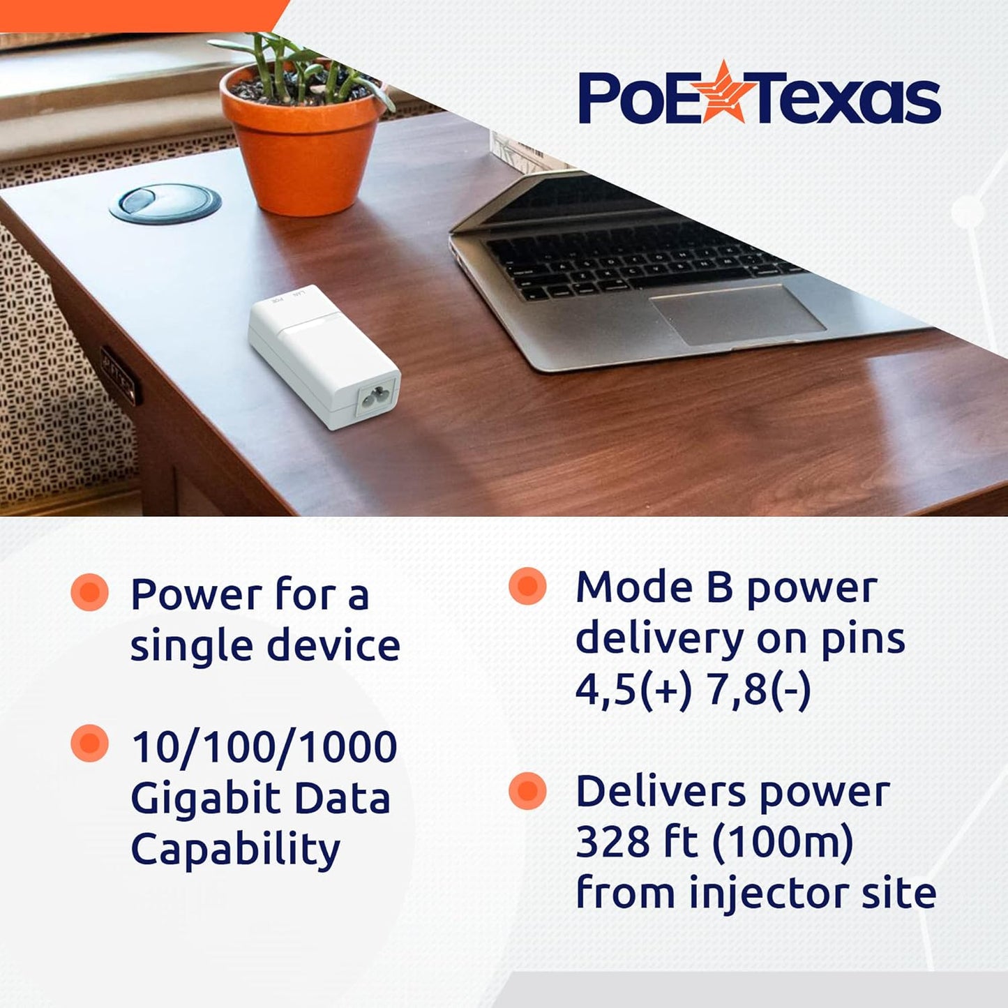 Poe Texas PoE Injector - Single Port Power Over Ethernet Passive PoE Adapter - 10/100/1000 Gigabit Data with Integrated 48V 15W Power Supply - Plug & Play Home Office, Tablets, VoIP Phone, WiFi AP