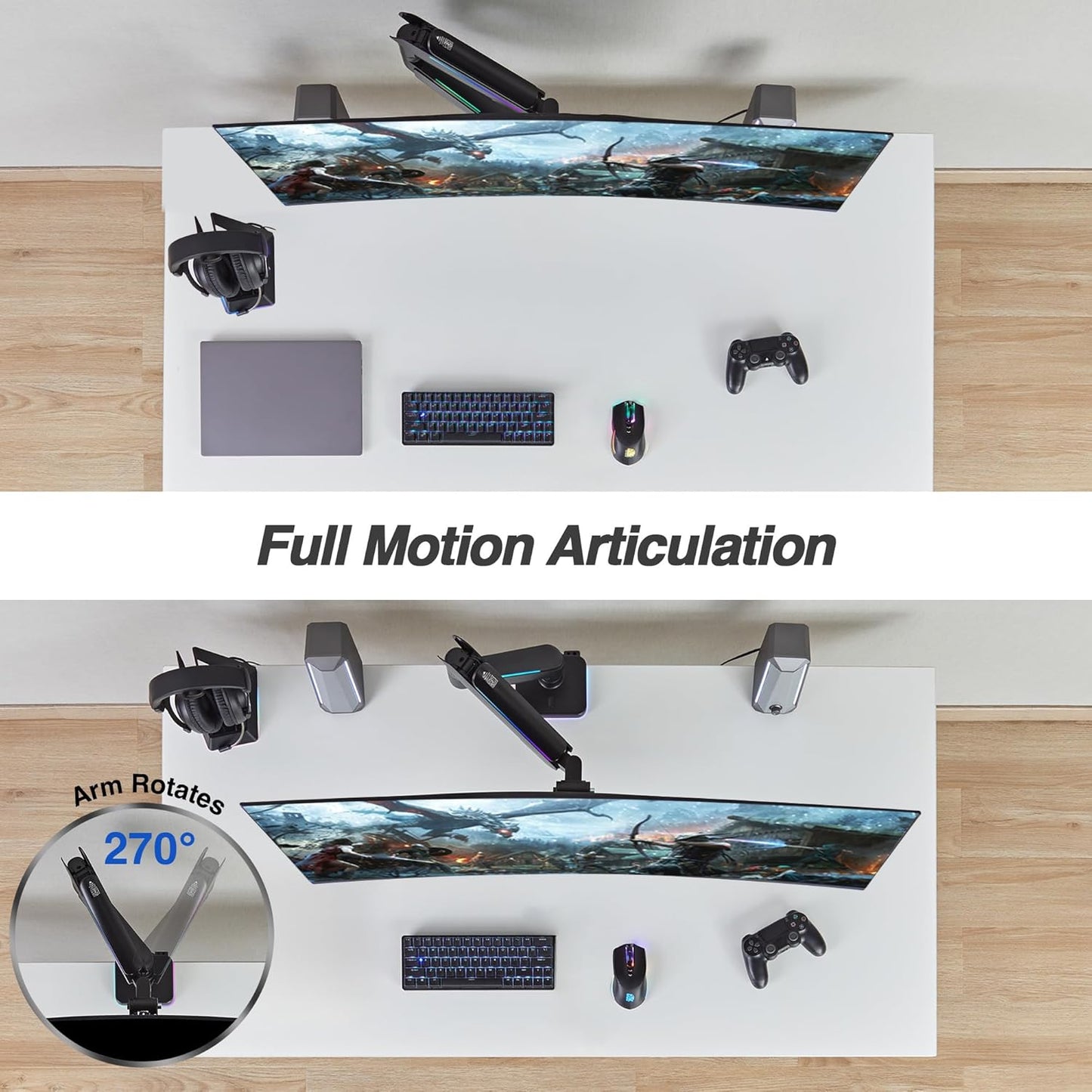 AVLT RGB Lights Single 17”-49” Gaming Monitor Arm Desk Mount, Fits One Flat/Curved/Ultrawide Screen up to 44lbs(20kg), Height Swivel Tilt Adjustable Stand - Black