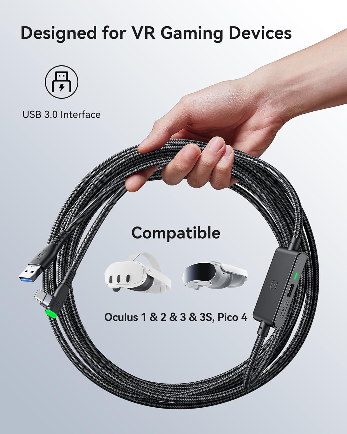 INIU Link Cable 16ft with Charging Port, VR Cable for Meta Oculus Quest 3s Quest 3 2 Pro, Pico 4, PC VR, Steam VR, High Speed USB 3.0 Data Transfer USB C Cable, Charger Cord for VR Headset Accessories